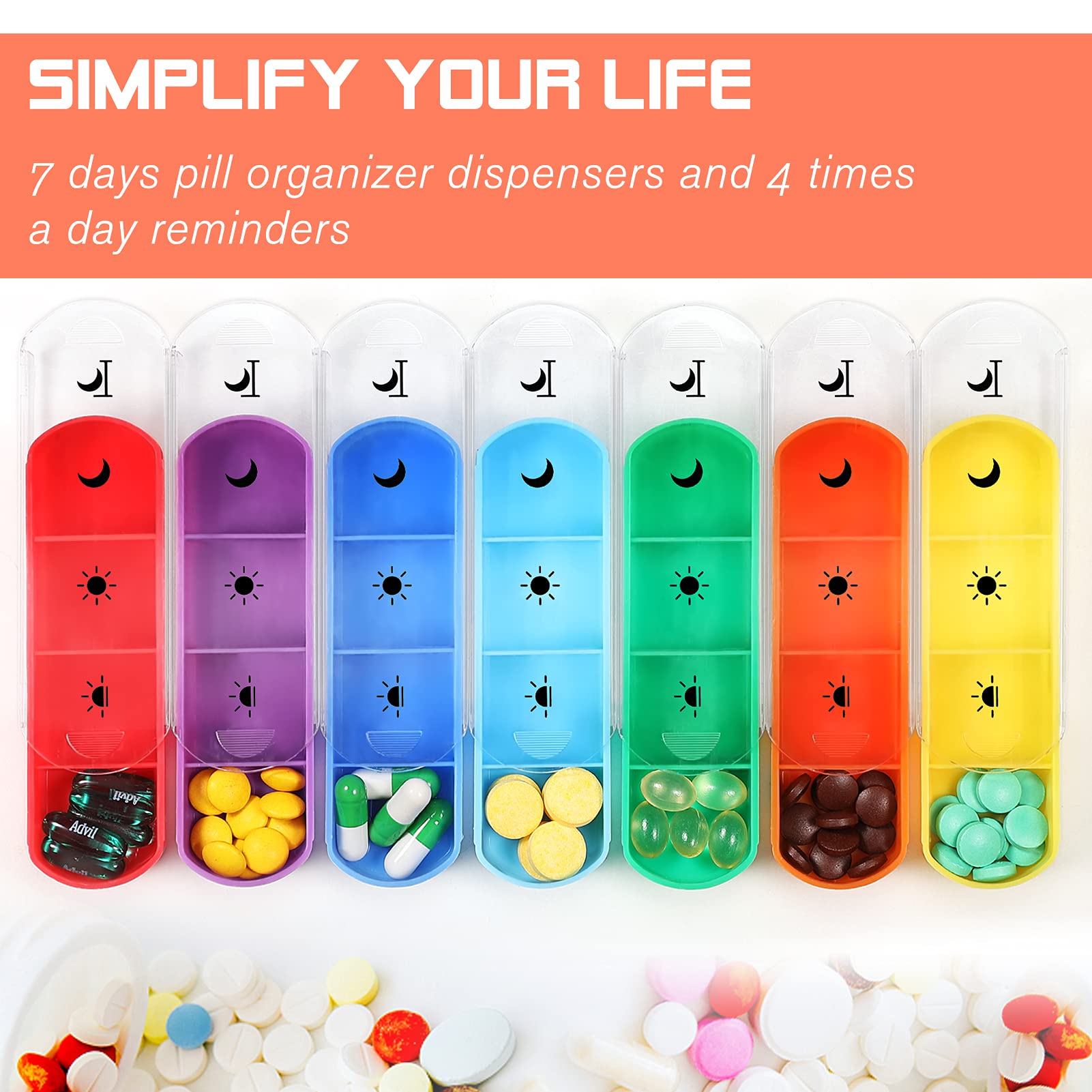 FINPAC Pilulier hebdomadaire avec sacoche en cuir PU, 7 Jours 4 fois par jour Organisateur de pilule de voyage avec carte Nom pour Matin Midi Soir Coucher pour pour vitamines, médecine, Fleur Hibiscus