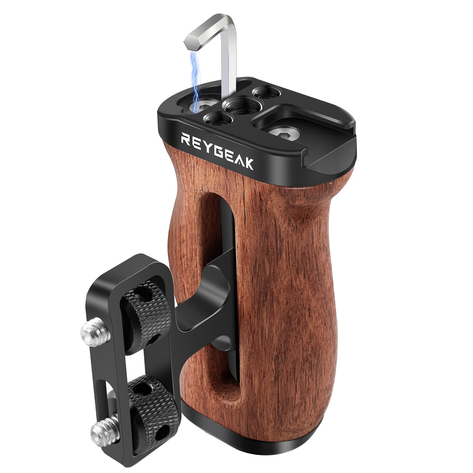 REYGEAK Poignée latérale en bois (vis 1/4"-20) pour cage photo, clé intégrée, réglable H-V, charge max. 4 kg"}