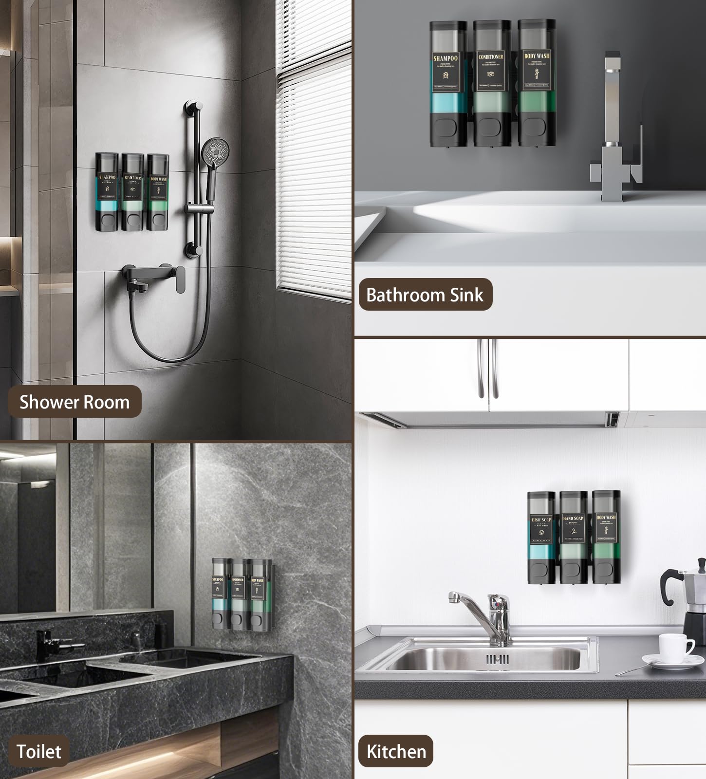 Luxspire Dispenser per Shampoo, Dispenser per Sapone da Doccia 3 Scomparti | Distributore da Parete con Serratura, Grande Capacità 900 ml, Senza Foratura, per Shampoo e Bagnoschiuma, per Bagno, Hotel