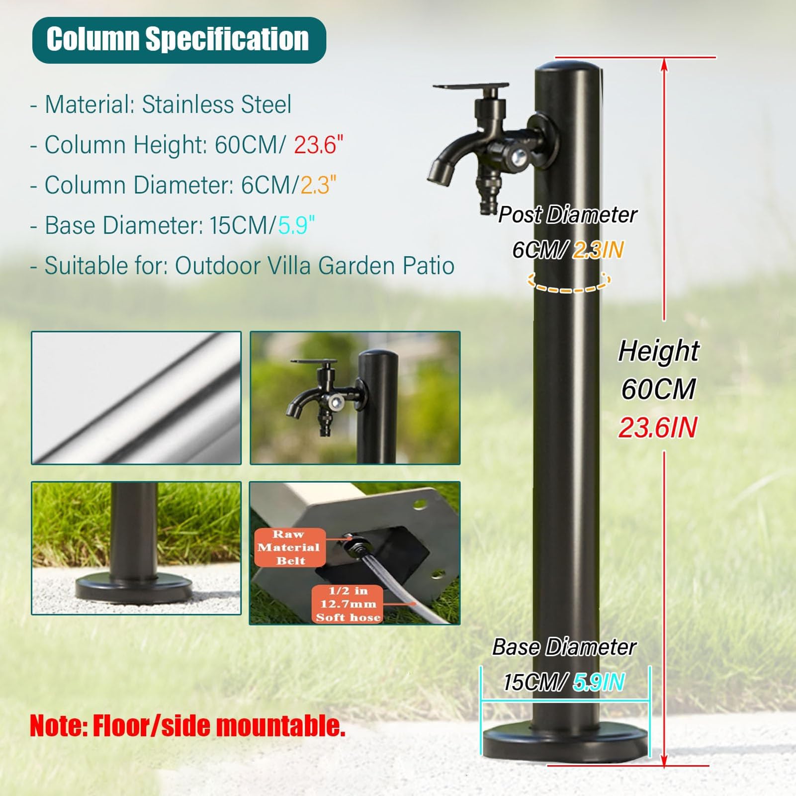 Genérico Columna de Agua Vertical cilíndrica para jardín - Negra, 95 cm/37,4 Pulgadas. Sistema de grifería Exterior para jardín, terraza o Patio - Poste de Grifo de hidrante de pie Duradero.