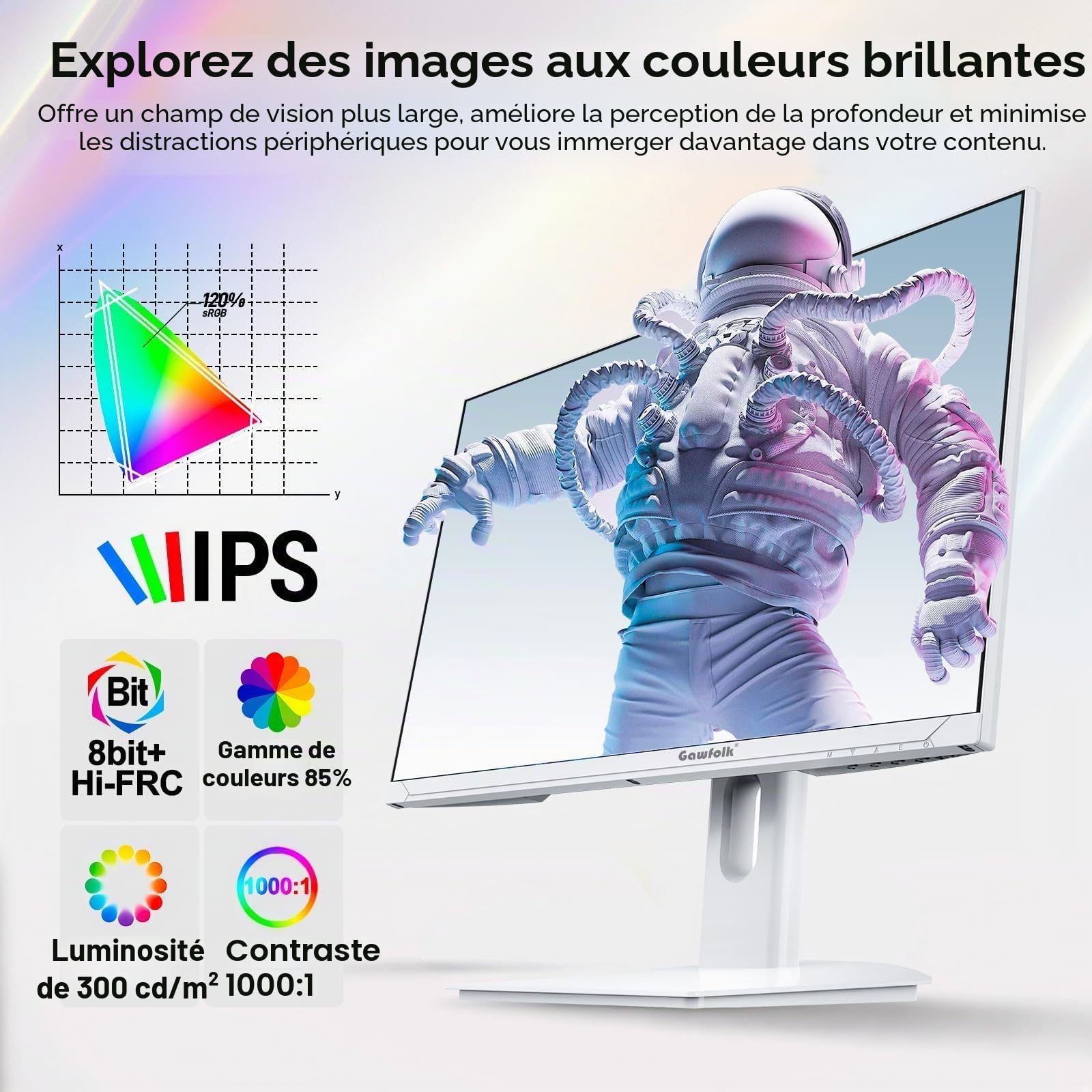 Gawfolk Écran PC 27 Pouces, Moniteur Gaming 160Hz, Ecran PC UHD 4K 3840x2160, 100% sRGB, 1ms MPRT, Interface HDMI & DP, Protection des Yeux,avec Effet Lumière，Compatible VESA