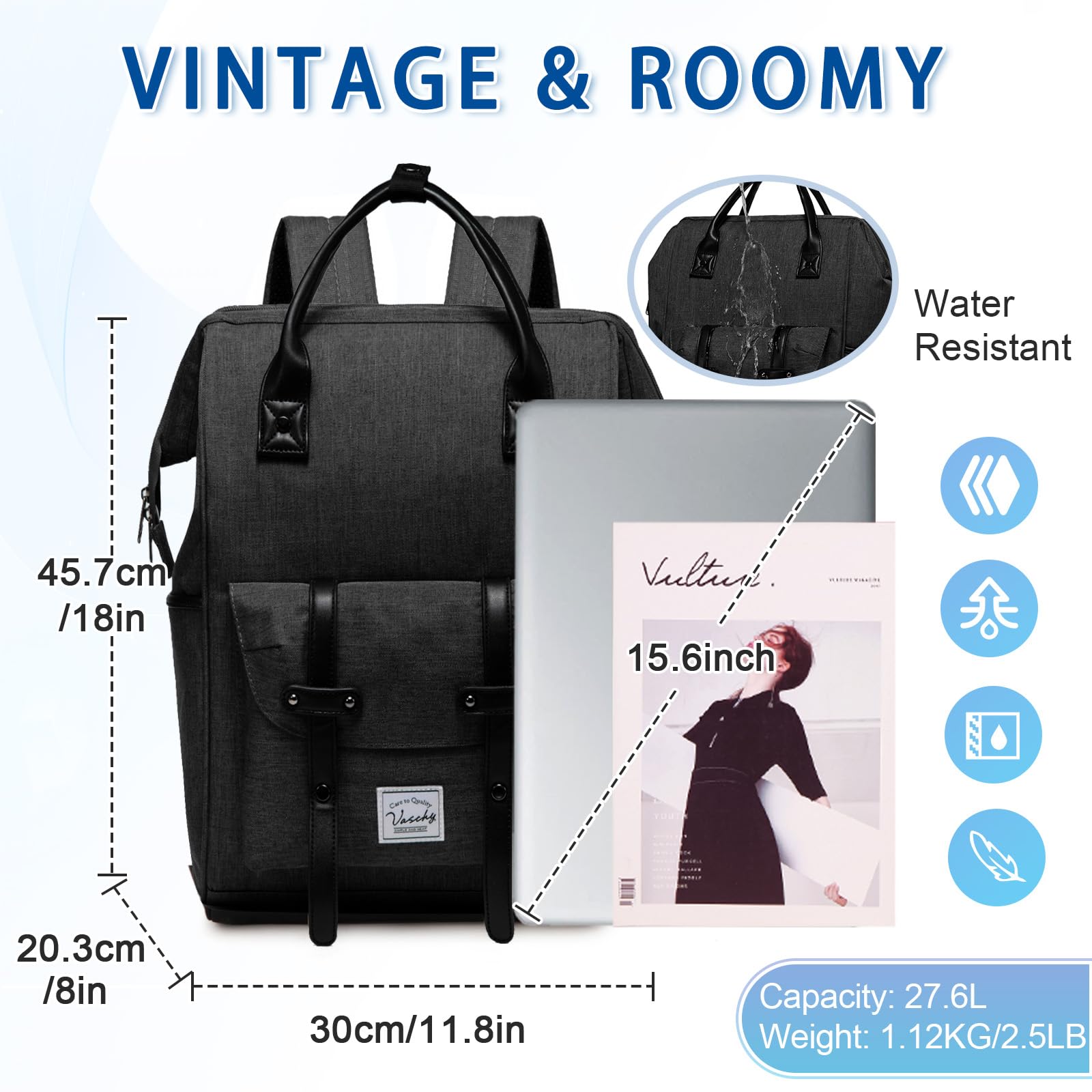 VASCHY Plecak damski, wodoodporny plecak na laptopa unisex 39.6 cm antykradzieżowy plecak z portem ładowania USB szeroko otwarty vintage plecak na uczelnię, do pracy, podróży, B ciemnoszary, Jeden