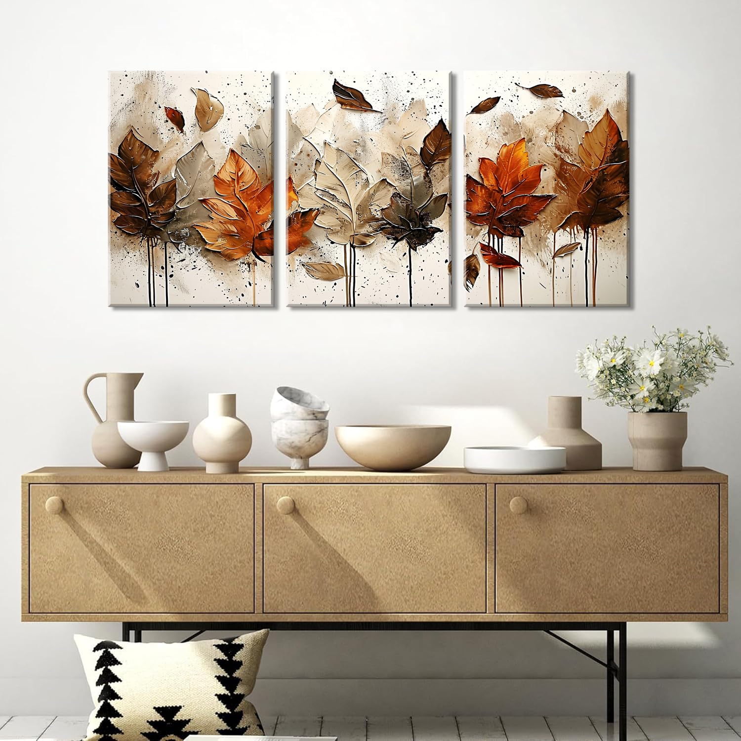Piy Painting 3er Wandbilder Set, Leinwandbilder Mit Blättern, Vintage Kunstdrucke, Leinwand Bilder Natur, Bild Mit Rahmen, Dekorative Gemälde Für Wanddeko Schlafzimmer Wohnzimmer Flur Büro 58 x 40 cm