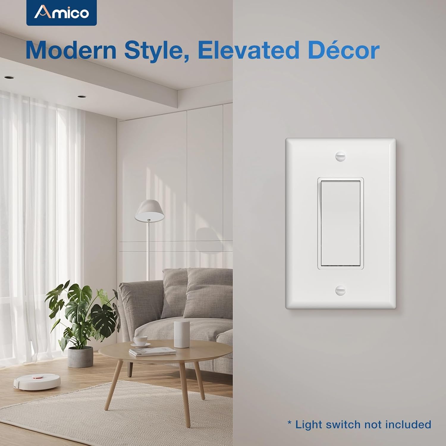 Amico Decorative Light Switch Cover Plate and Outlet Covers, Mid-Size (4.88” X 3.12”), Unbreakable Polycarbonate, Includes Screws, UL Listed,1 Gang, White, 30 Pack