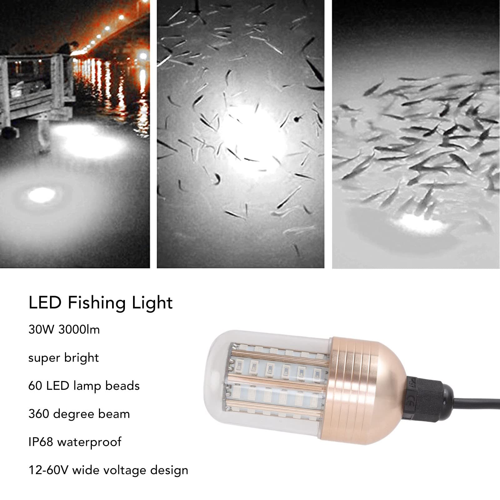 Amazon.co.jp: 水中集魚灯、60 LED 3000LM 30W IP68防水水中集魚灯