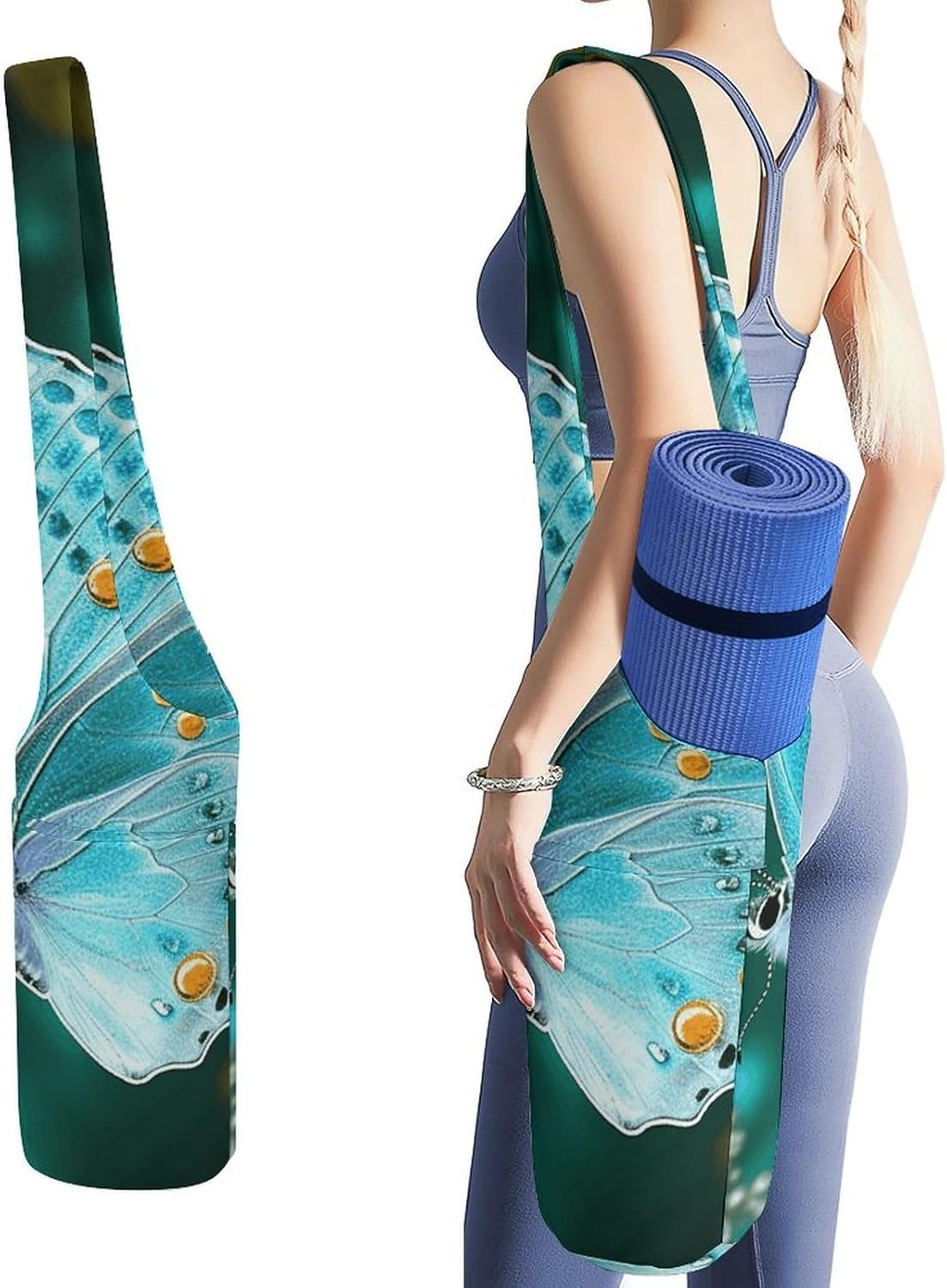 Light Blue Butterfly Yoga Mat Bag Yoga Backpack Multi Pocket Exercise Yoga Mat Carrier Multi-Functional Storage Bag for Pilates Beach Travel And Everyday Use