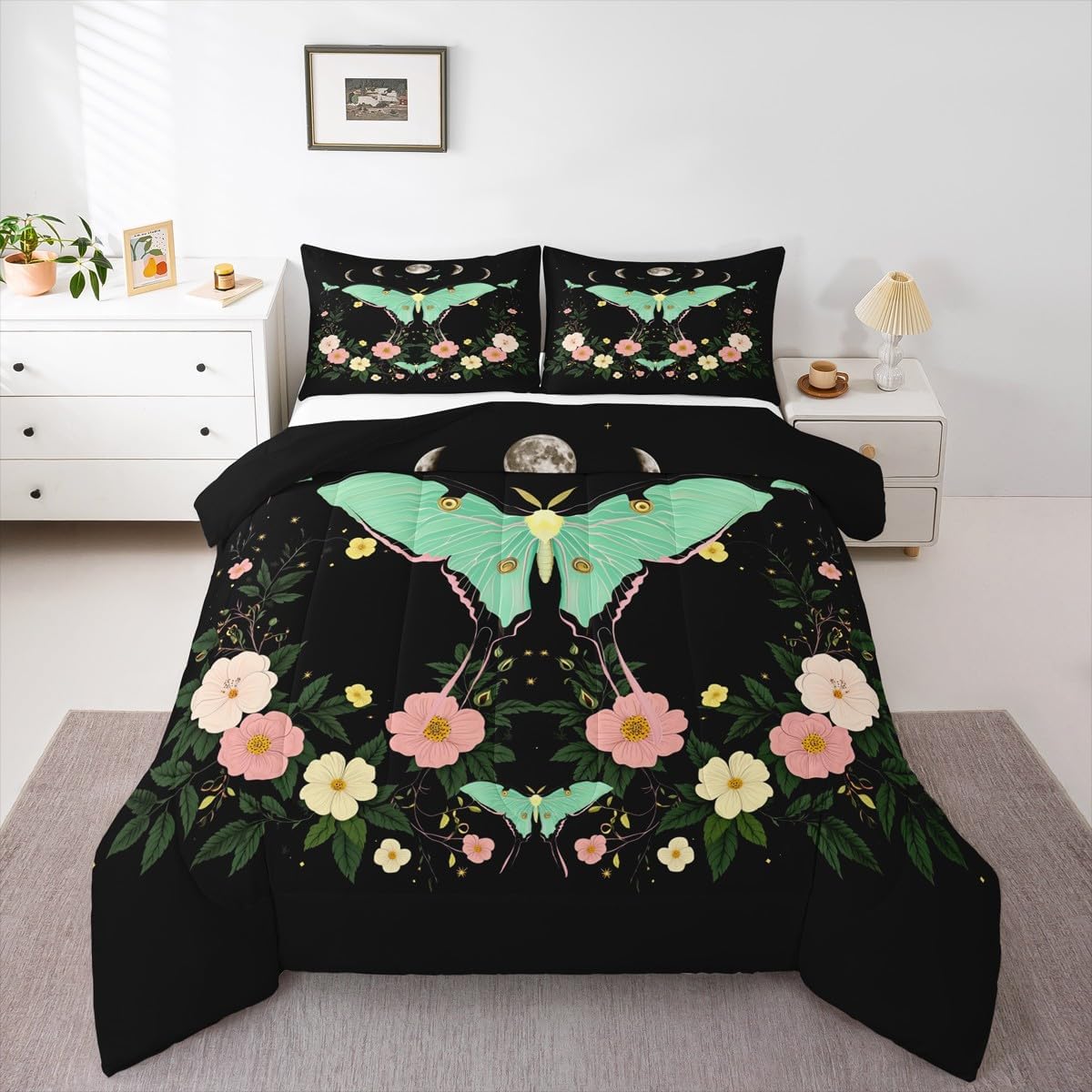 Homewish Moth Comforter Set Queen,Moon Planet Starry Sky Galaxy Bedding Set 3pcs for Kids Teens Boys Girls Room Decor, Gothic Butterfly Quilt Set Floral Duvet Insert with 2 Pillowcases