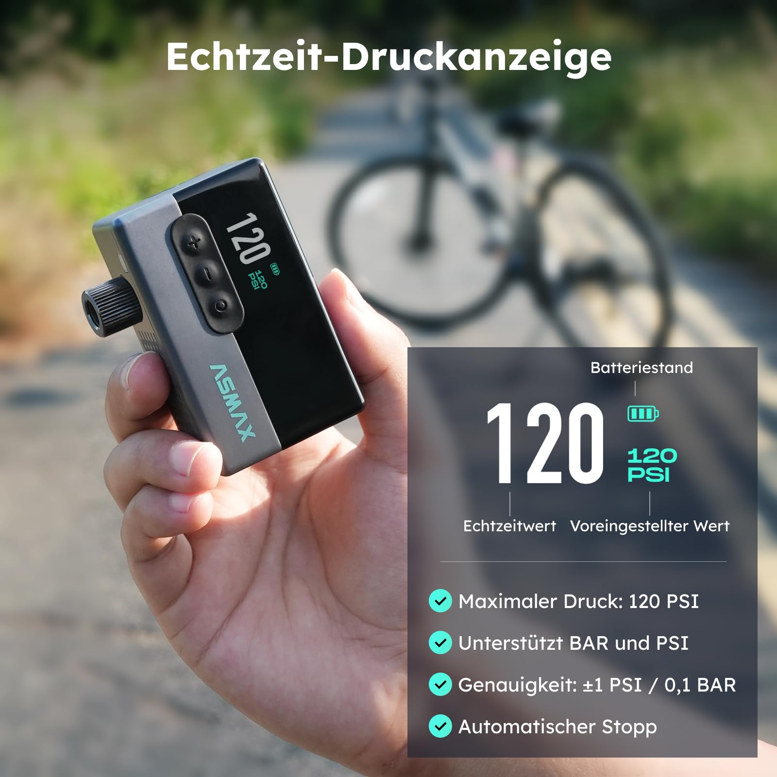 ASMAX Elektrische Mini Fahrradpumpe T30, 120 PSI Tragbarer Luftpumpe mit LCD-Display, Wiederaufladbar 500mAh, 4-in-1 Fahrradpumpe mit LED-Licht & Reifendruckmesser für Farrad/Rennrad/MTB/Bälle