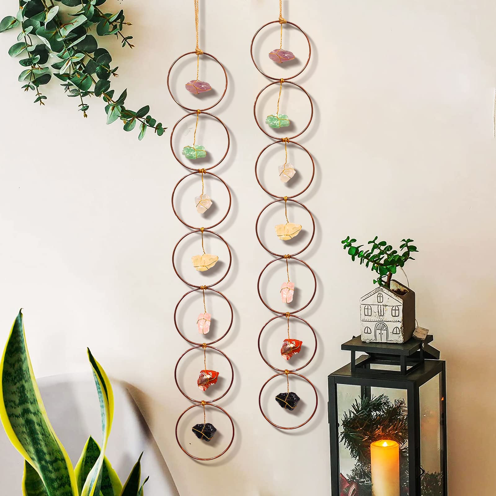 7 Crystal Gemstone Wall Hanger Decor, Large Raw Chakra Crystal Gemstones, Window Meditation Hanging Ornament, Home Decorations for Yoga Meditaion, Gifts for Christmas Ornaments/Birthday (2PCS)