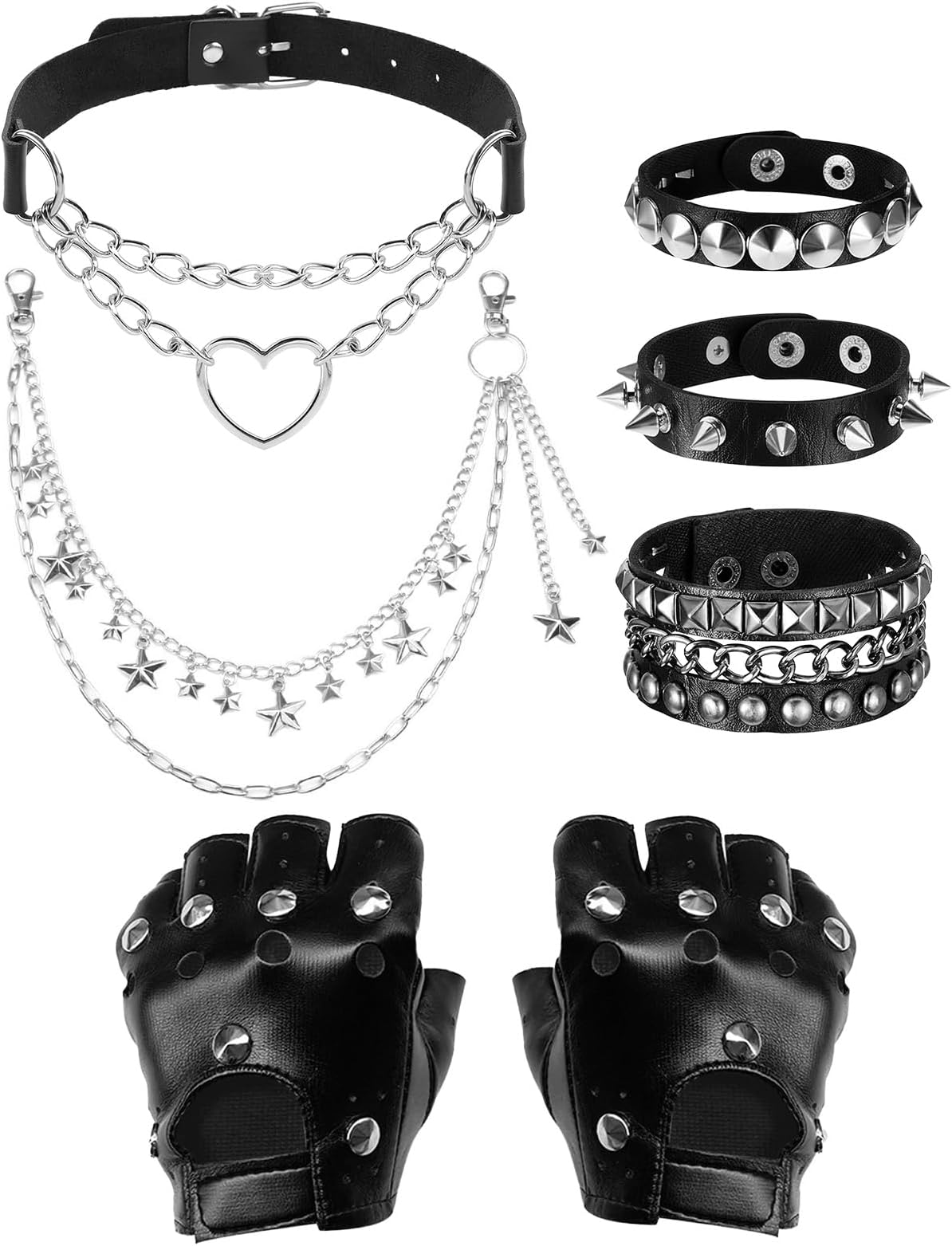 6 Pcs Emo Accessories Set, Adjustable Goth Choker Studded Bracelet Leather Gloves Jeans Chain for Men Women Fancy Dress Party