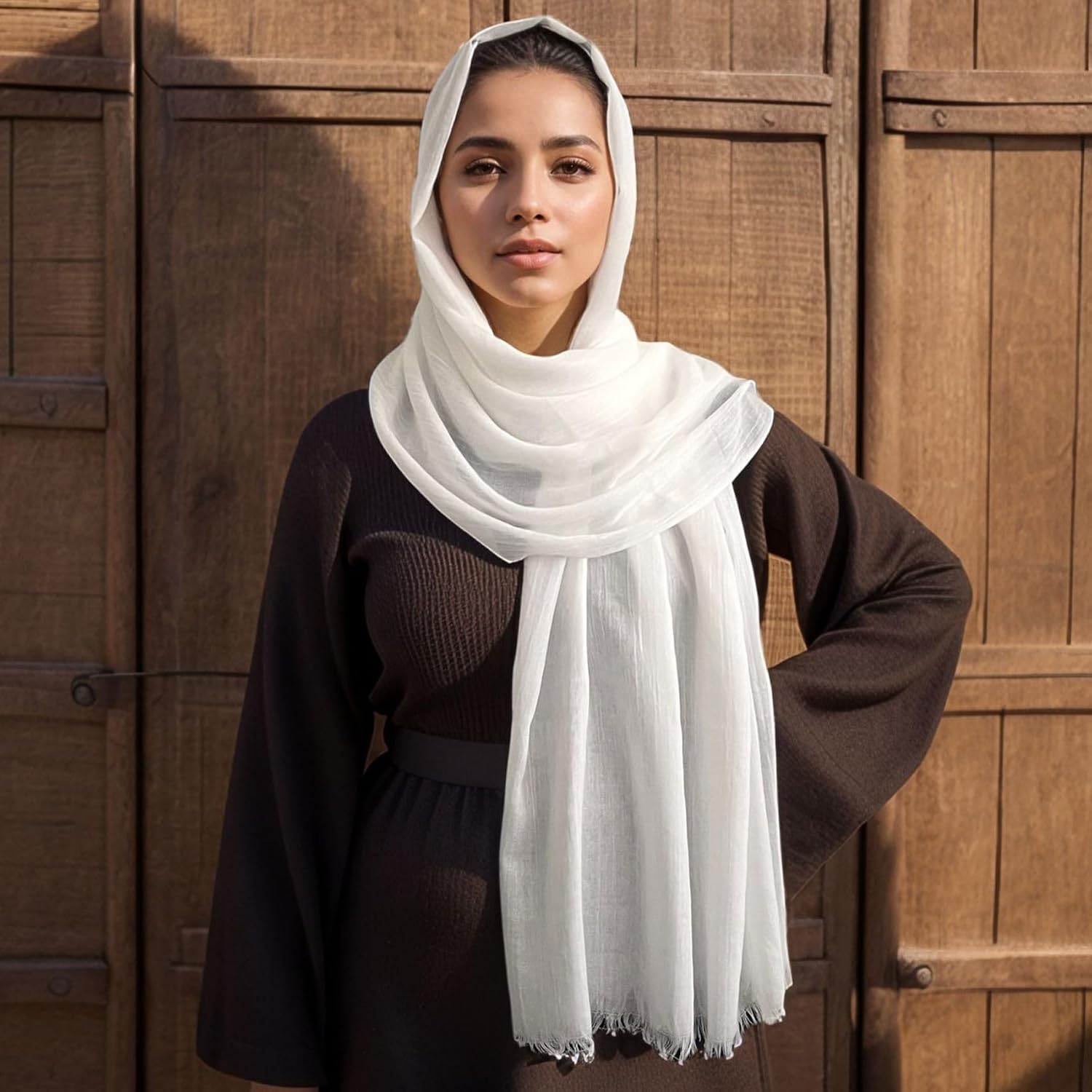 Pure Color Cotton Linen Shawl Hijab For Muslim Women Oversized Lightweight Pashmina Headwraps Scarf With Tassels - Image 2