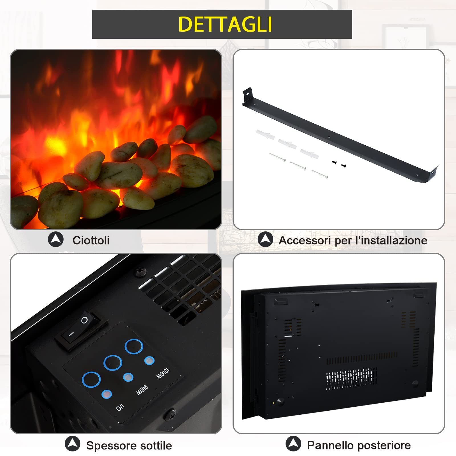 HOMCOM Caminetto Elettrico da Parete con Effetto Fiamma Colorato e Telecomando, Camino Elettrico 1800W con Temperatura Regolabili, Termostato, Timer e Protezione da Surriscaldamento, Nero