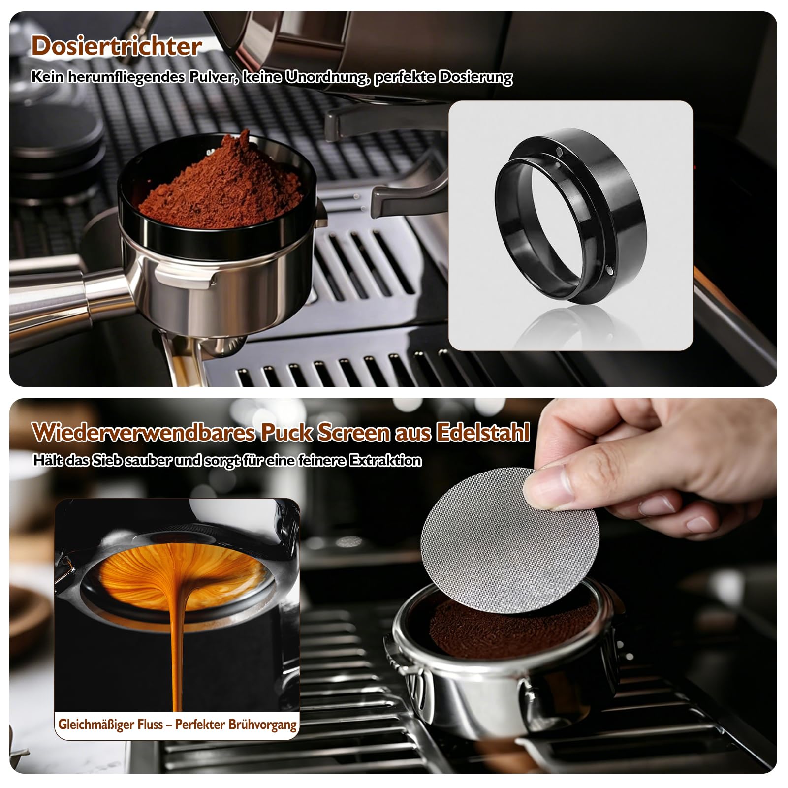 Espresso Tamper 58mm Set, 7-teiliges Barista Zubehör mit Tamper, WDT Tool, Distributor, Dosiertrichter, Puck Screen, Tamperstation und Reinigungsbürste