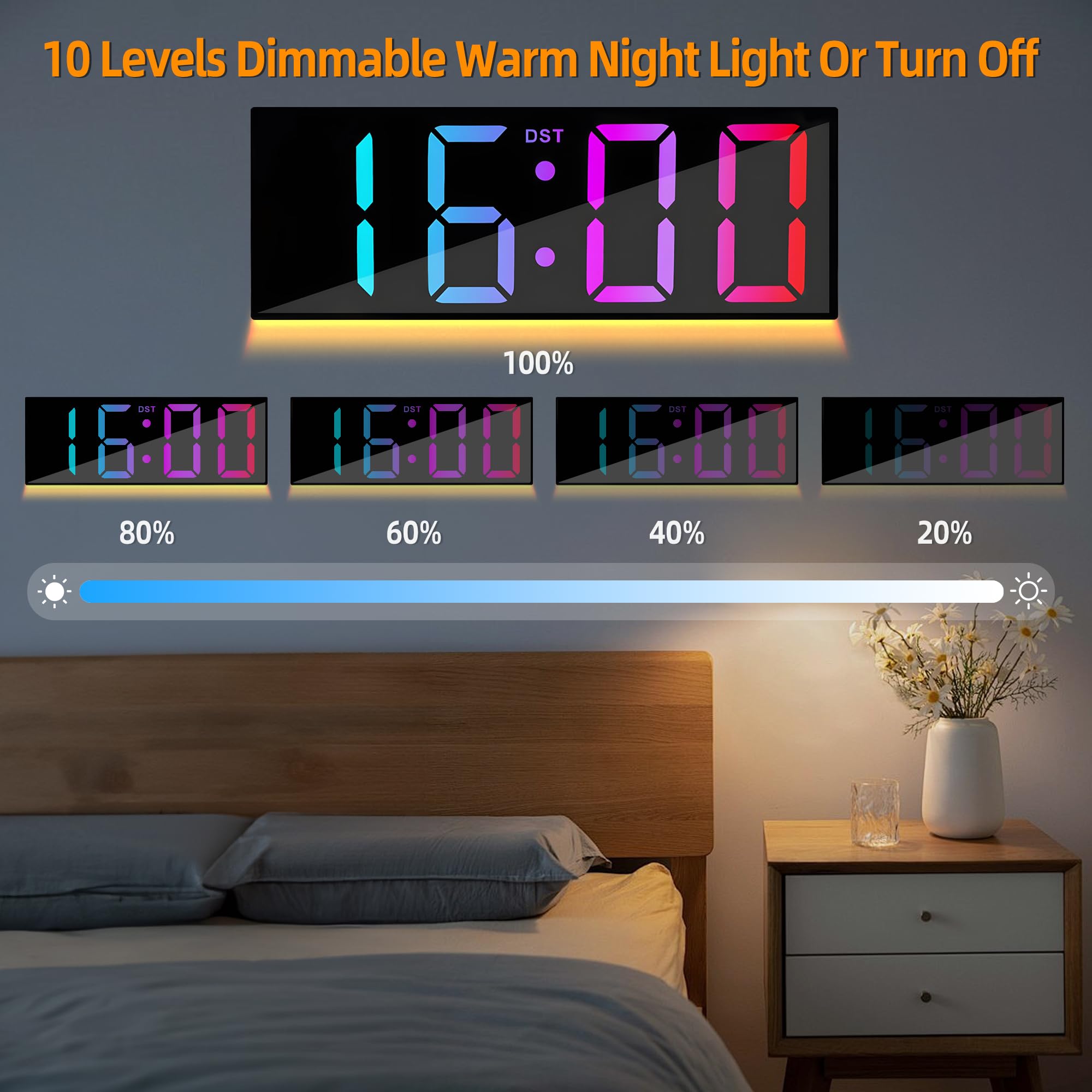 HAITANG Orologio da Parete Digitale - Orologio Digitale da Tavolo 12" con Dimmer Automatico della Luminosità RGB, Luci Notturne, LED 24/12 Ore per Scrivania, Camera da Letto, Ufficio e Soggiorno