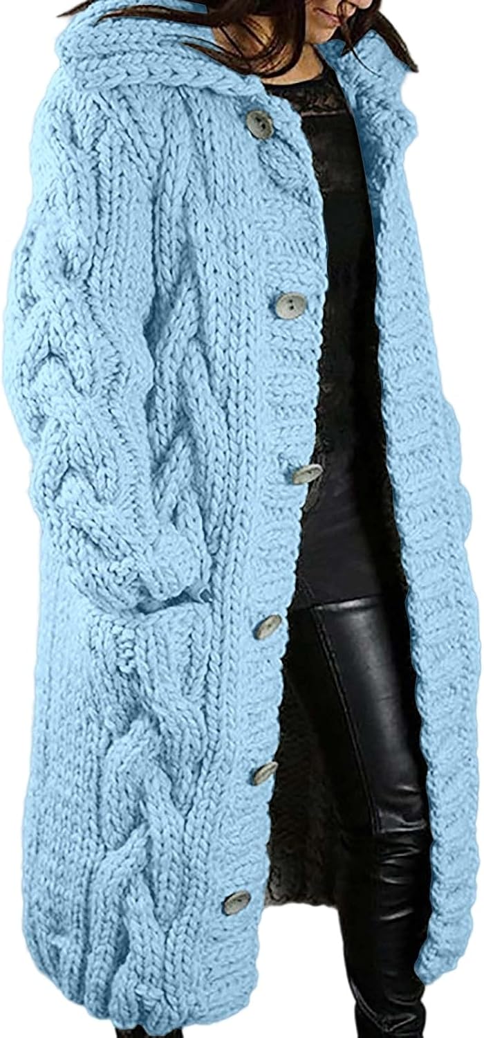 Long Cardigan Sweater for Women Hooded Cable Knit Chunky Thick Winter Fall Sweaters Oversized Button Down Trendy Warm Coats