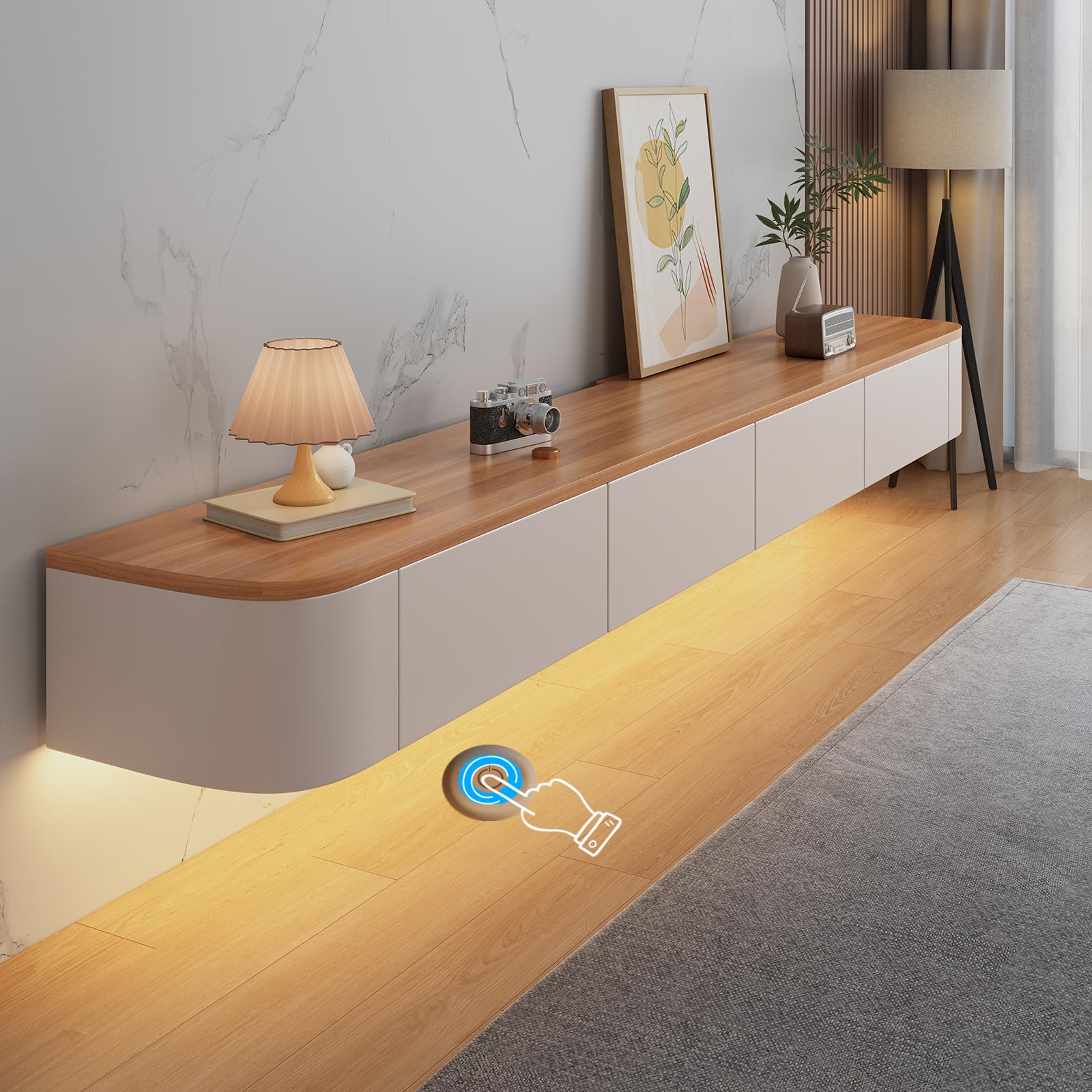 Meuble TV Flottant, Étagères TV Murales Avec Porte, Console Multimédia TV, Armoire TV Flottante avec Grand Rangement Sous TV (Bois+LED, 120CM/47,2")