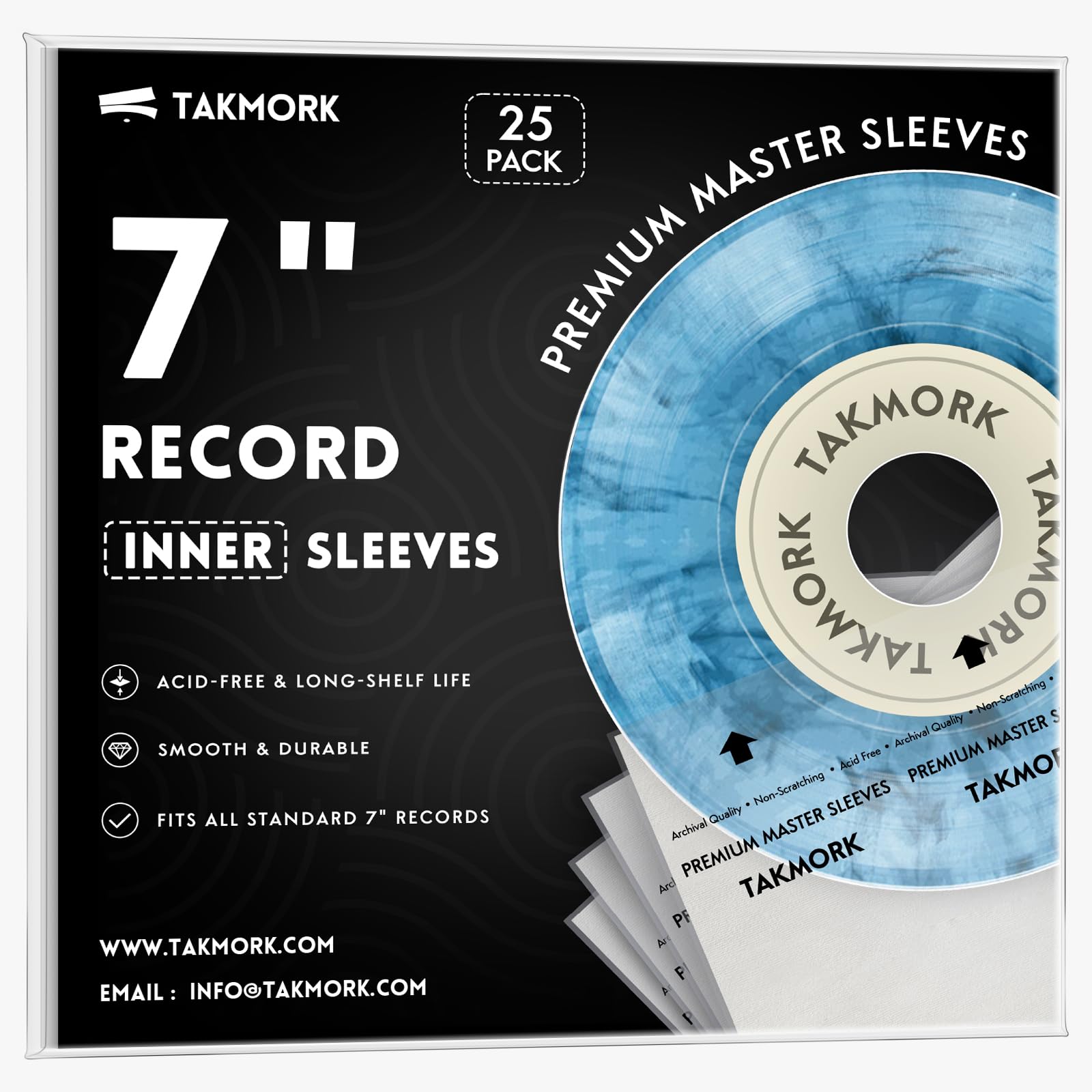 TAKMORK Vinyl Inner Sleeves, 7" Anti-Static Rice Paper-Lined, 25 Pack | 3-Layer Construction, Acid-Free, Dust and Scratch Protection, Smooth Slide In and Out, for Vinyl Record Storage