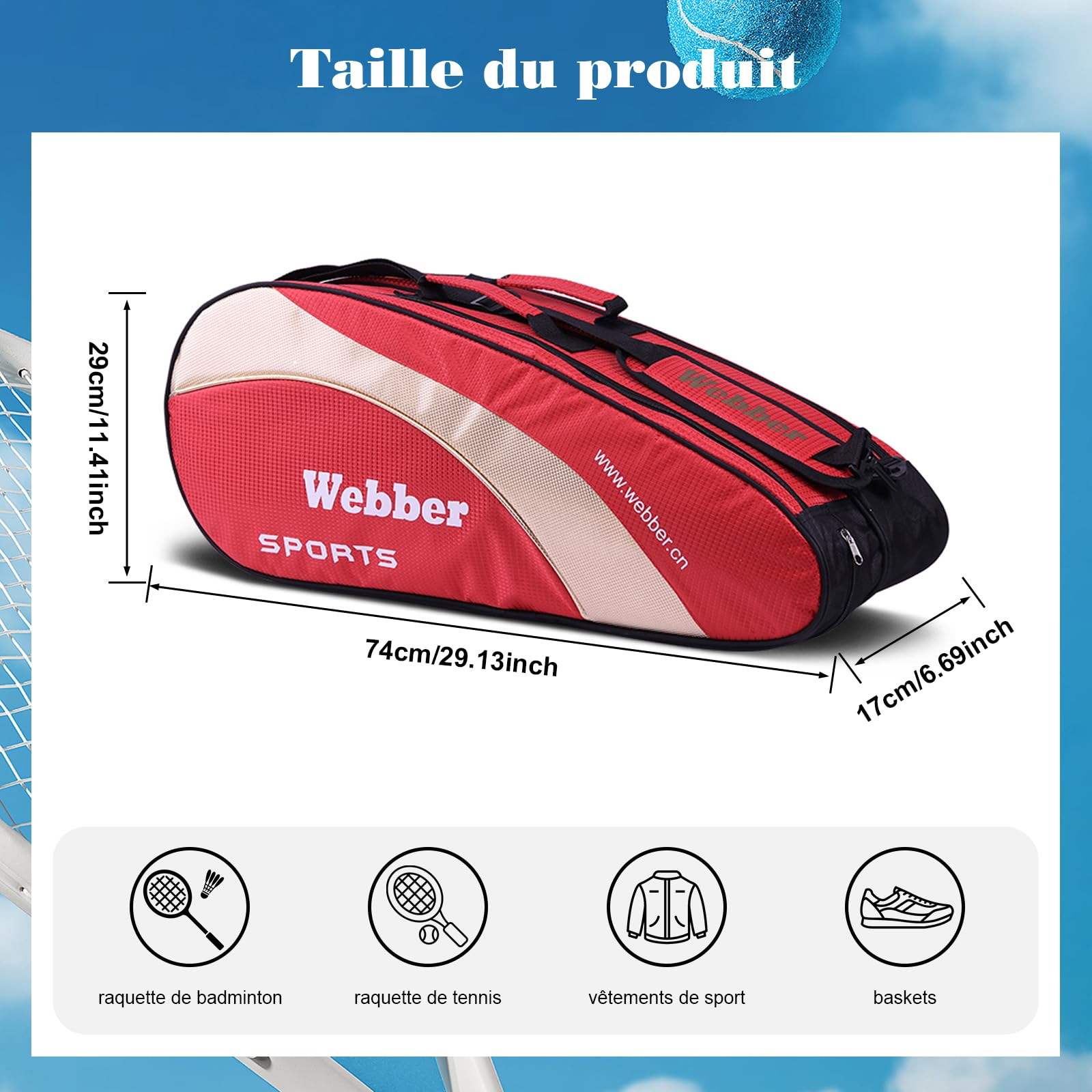 Bolsa de raqueta de bádminton con organizador de 3 a 6 raquetas de nieve, impermeable, bolsa de transporte de tenis portátil con almacenamiento de calzado, ropa, bolsa de hombro de gran