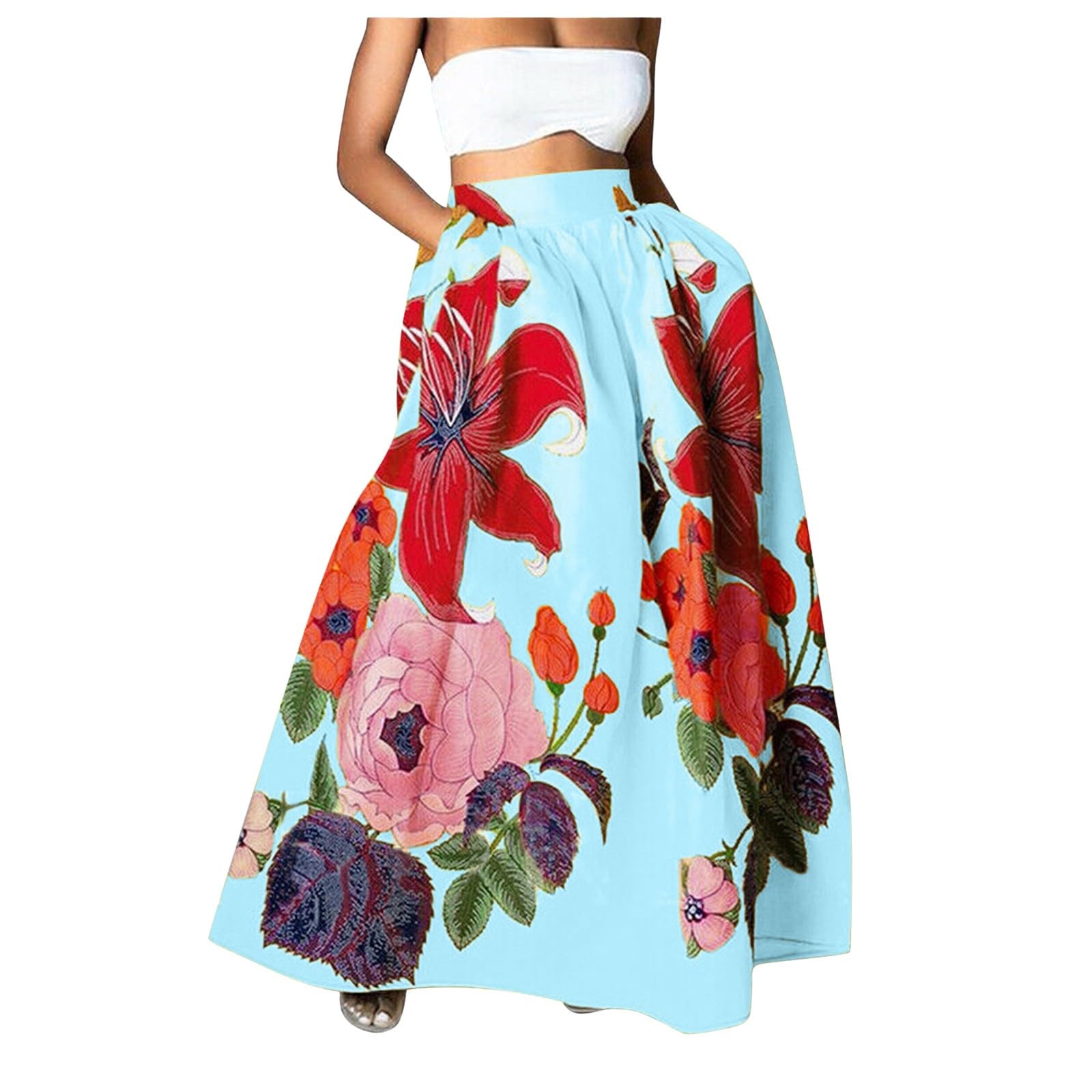 Long Skirt Women's Flowy Summer Bohemian Skirt Women's Chic and Elegant Evening 2026 New Skirts Floral Print Petticoat High Waist Evening Dress Skirts Elastic Waist Petticoat Wide Dress