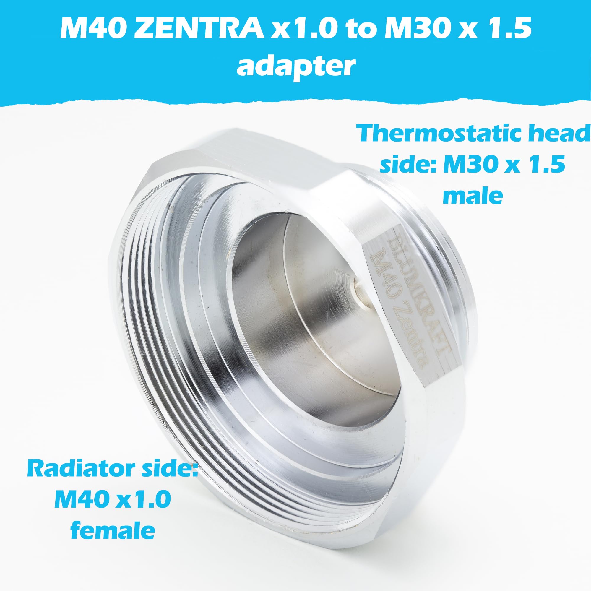 BLUMKRAFT Radiator Adapter Compatible with M40 x1.0 ZENTRA (Prototype) to M30 x 1.5 for Thermostat/Thermostatic Head M30x1.5 Male - Image 2