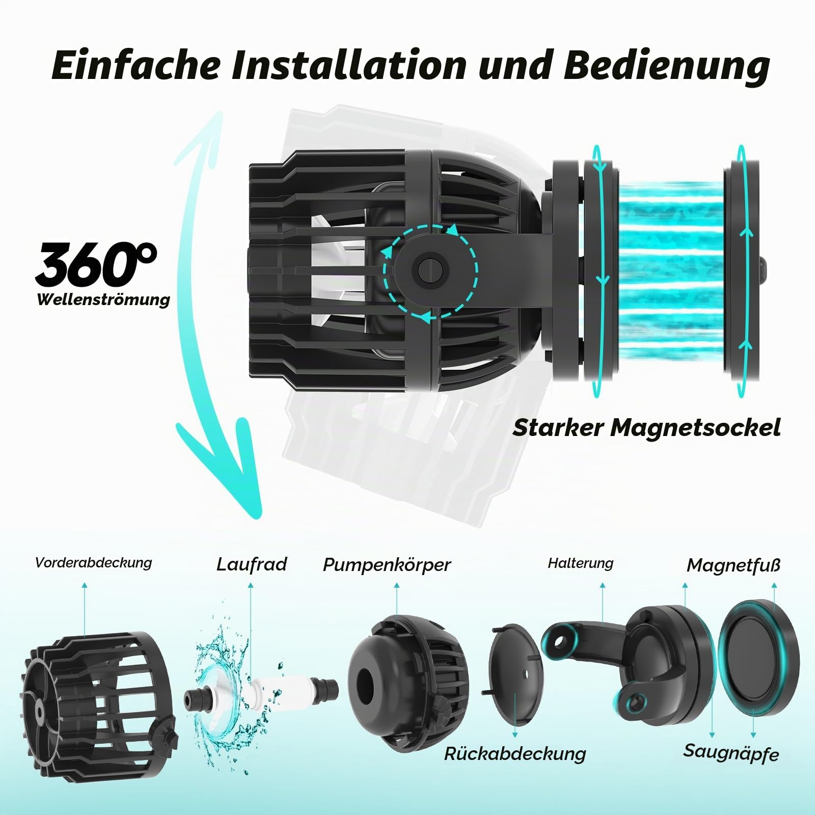 AQQA Strömungspumpe Aquarium, DC 23W 8000 L/h Powerhead, 6 Wellenmodi & Einstellbarer Durchfluss, Leise Aquarium Strömungspumpe mit Starker Magnetischer Basis für 350-1000L Tank