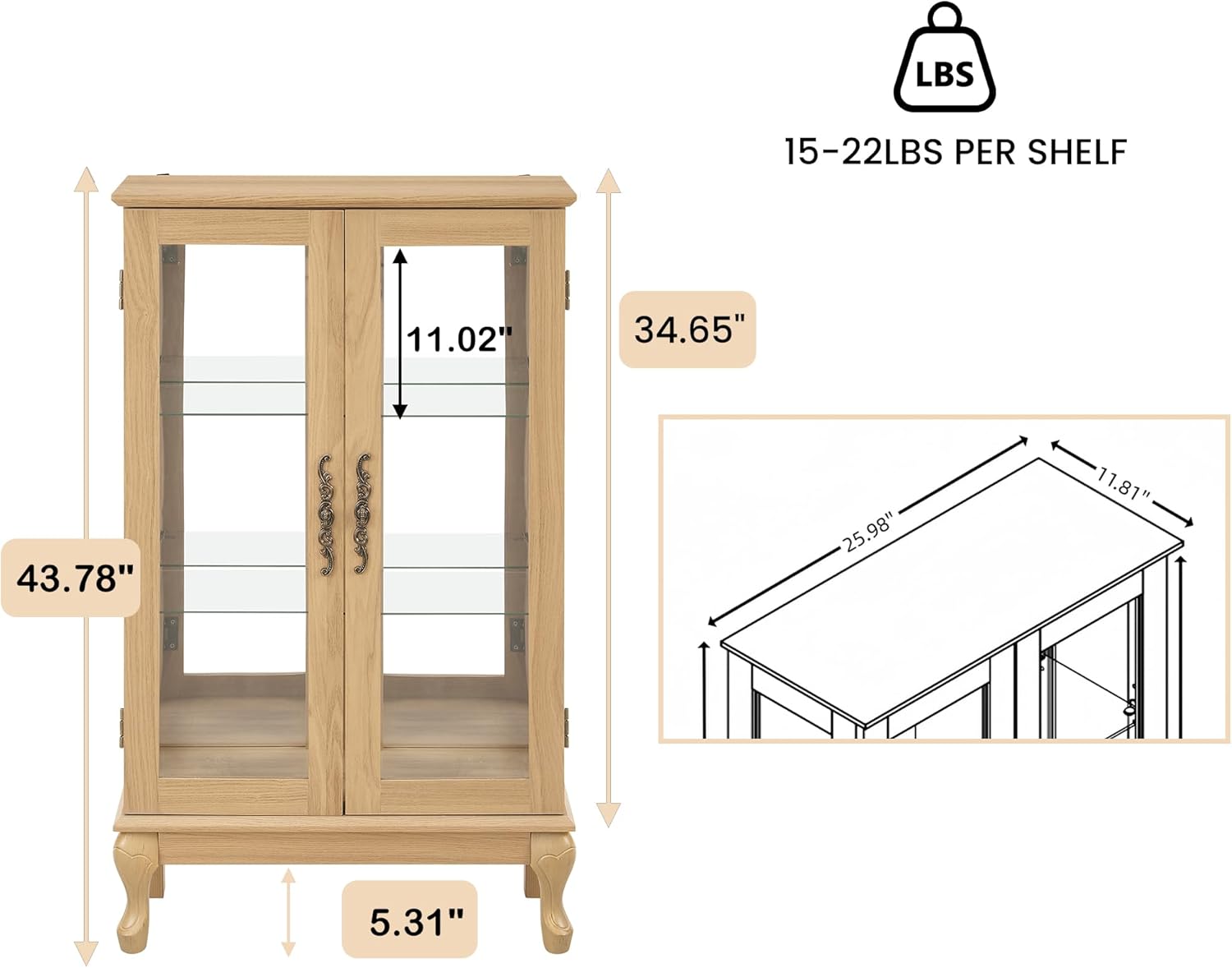 Glass Display Cabinet with LED Light, 43.8H x 26W x 11.8D inches, 3 Shelves, Vintage Metal Handles, Natural Oak