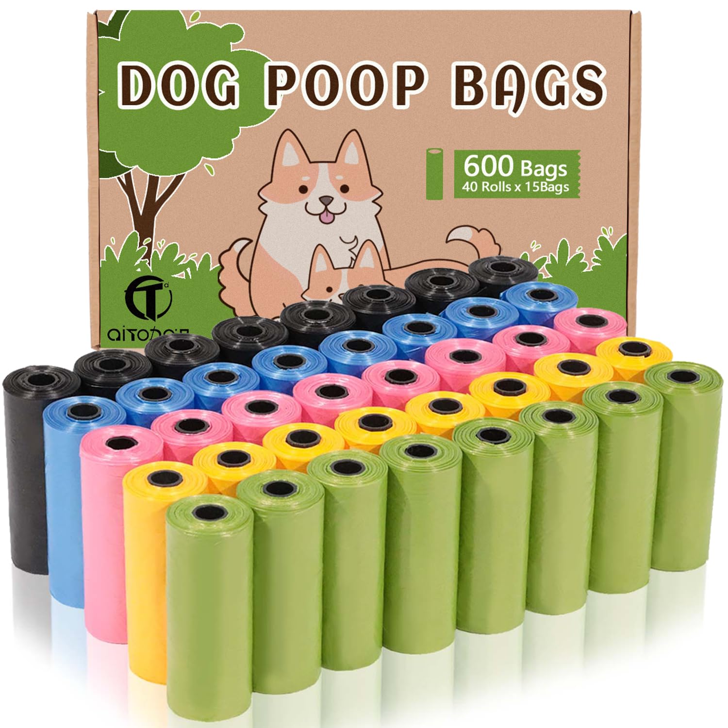 AiTodos® 600 pezzi Sacchetti Cane Cacca, 5 Colori, Sacchetti Cane-31 * 22 cm, Materiale in Polietilene, Portatili, Verde, Giallo, Rosa, Blu, Nero (40 Rotoli, 15 per Rotolo)