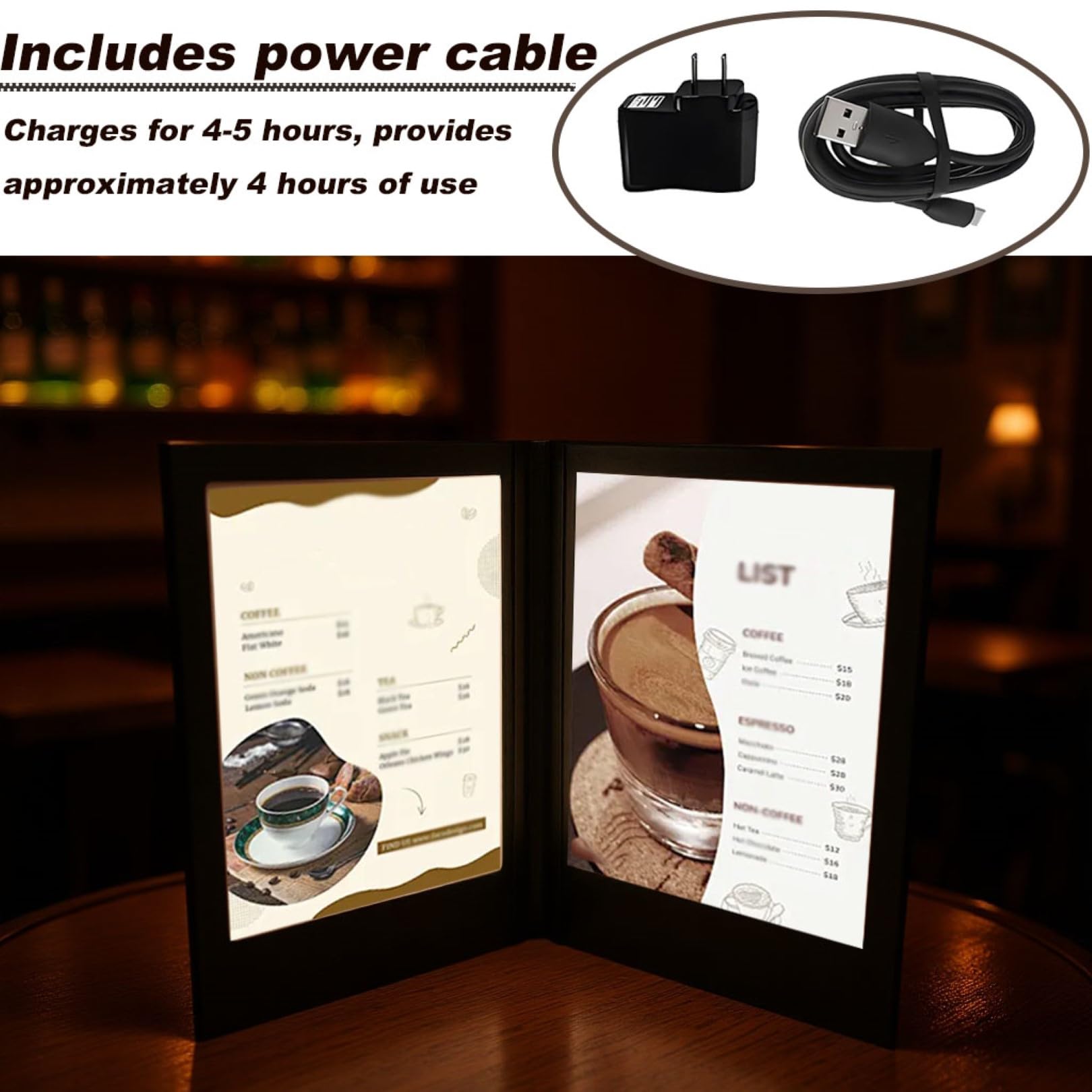 Copertine Luminose per Menu Luce Led Ricaricabile Menu Book Induzione Automatica, Pelle Pu Display Book Nero Pieghevole Retroilluminato Portamenu Illuminato per Bar, Pub, Club Page 3 A4
