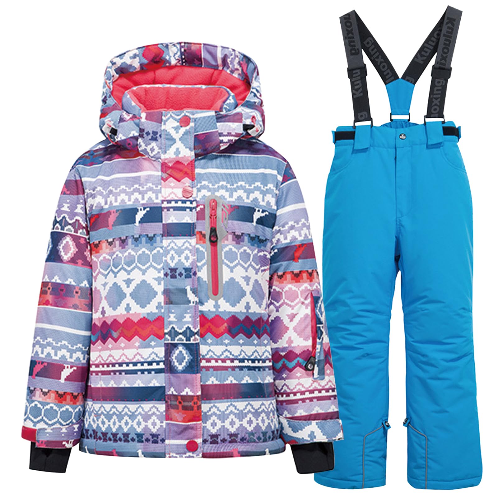 Conjunto de traje de esquí infantil de 2 piezas con capucha, traje de nieve impermeable a prueba de viento para niños y niñas, chaqueta de esquí cálida y pantalones de esquí, pixeles y