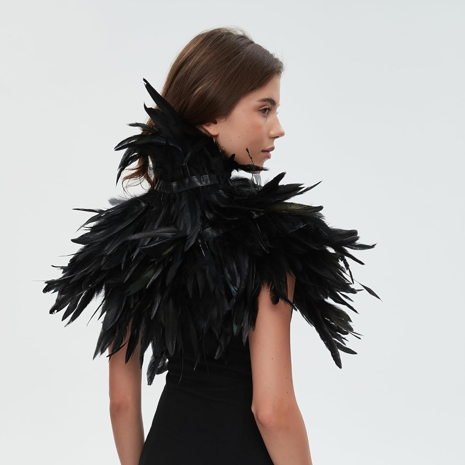 Black Feather Shawl Cape for Women Gothic Feather Collar Shoulder Wrap, Halloween Witch Costume - Image 6
