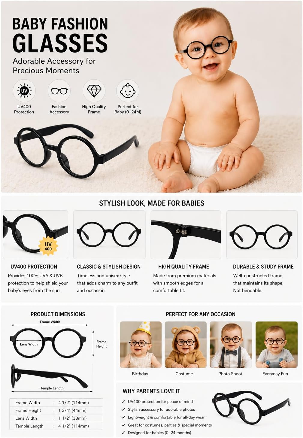 KD01 Baby Infant Toddler Age 0-24 Months Round Costume Glasses