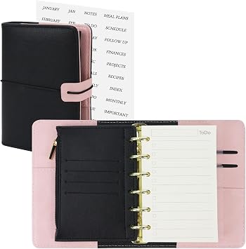 Koqye A7 Leather Binder 6-Ring with Zipper Pocket, Include Dividers & Refills Stickers, Black Refillable Planner Cover with Pockets Black & Pink
