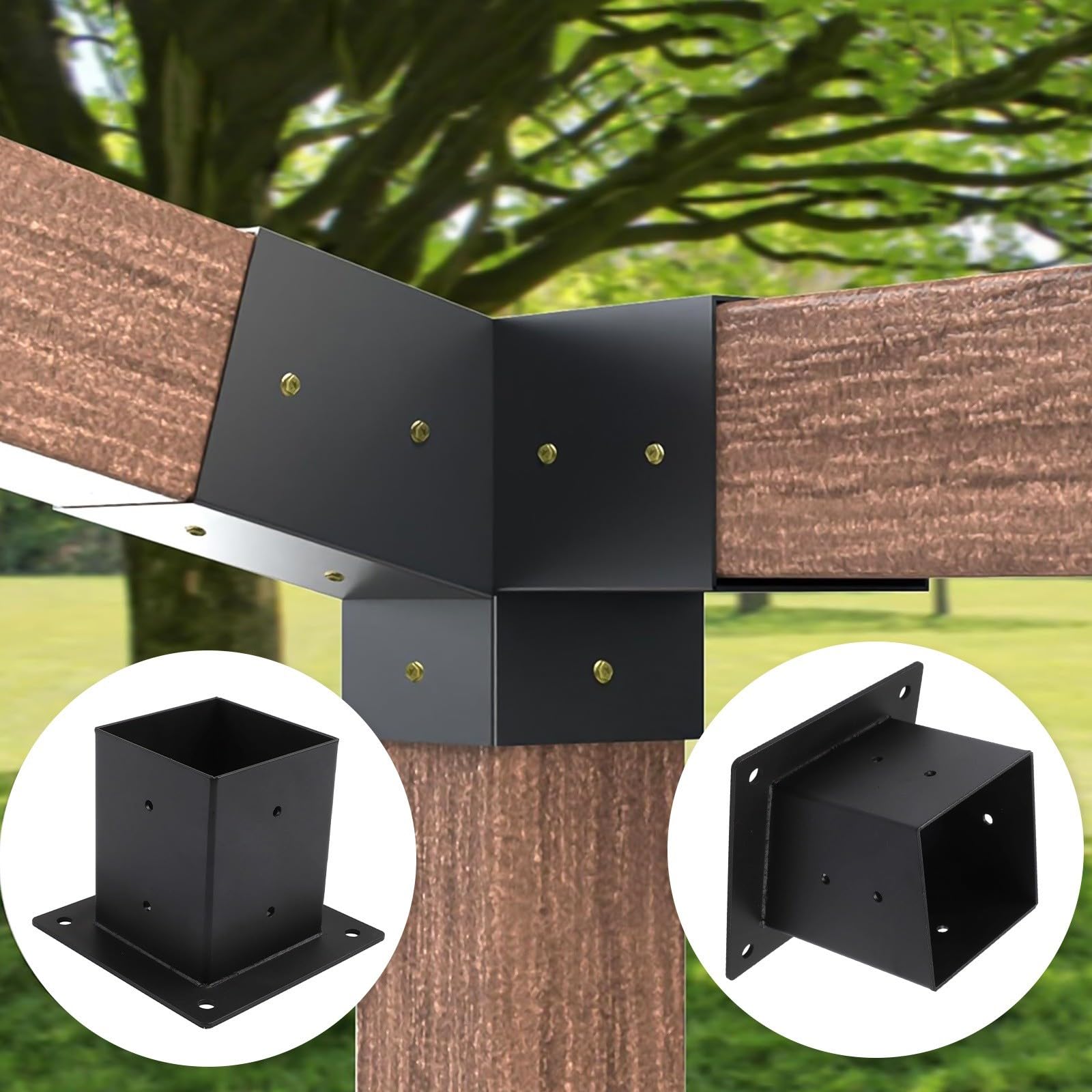 Schrägdach-Pergola-Wandhalterung für 10,2 x 10,2 cm Pfosten, robustes Stahl-3-Wege-Eck-Set mit Befestigungsmaterial, Schwarz (Rechts 15°-Set)