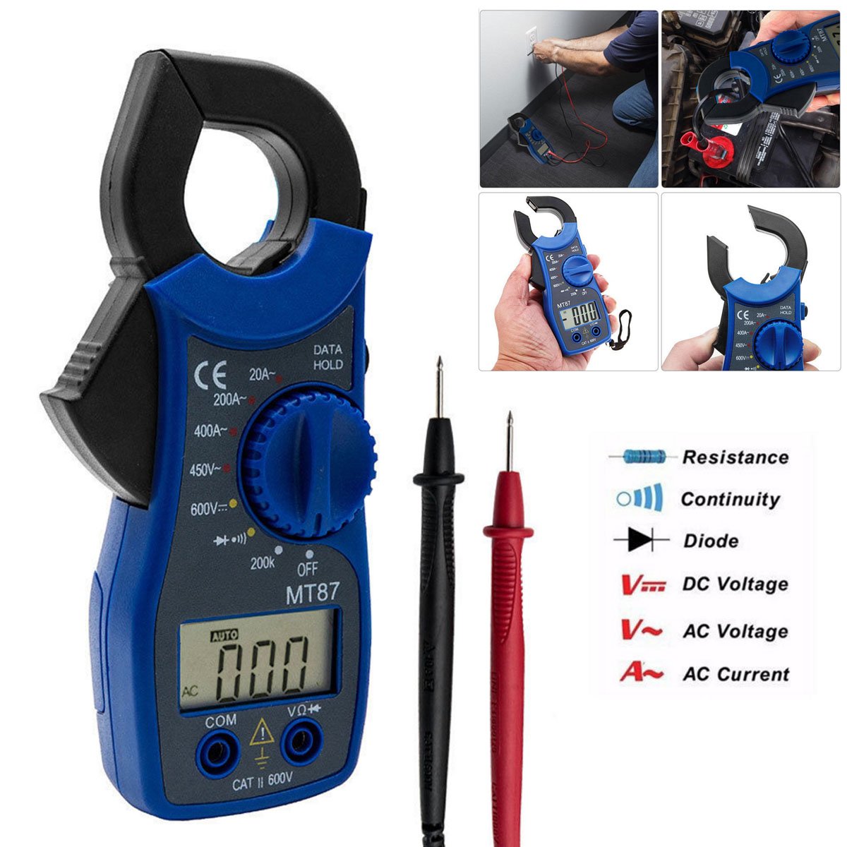 MT87 Clamp Multimeter with test leads and measurement symbols.