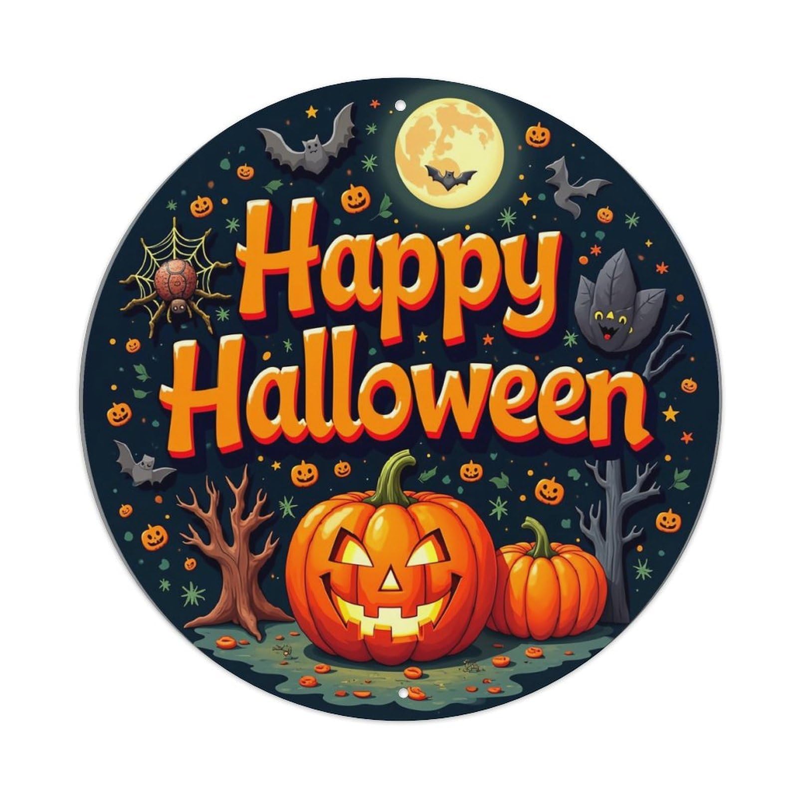 Happy Halloween Pumpkin Bats Moon Vintage Round Tin Sign Retro Metal Wall Decor Metal Poster, Home Bar Garage Cafe Wall Art Decoration 8x8Inches