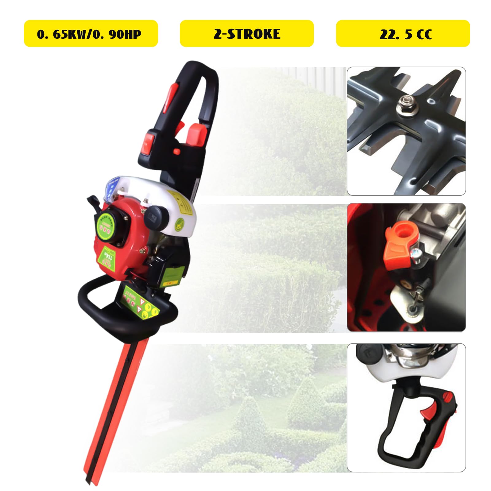 Cortasetos de gasolina de 1,25 CV de 2 tiempos, motor de 22,5 cc, cortasetos con un solo cilindro refrigerado por aire y mango giratorio de 180°, cortasetos de petróleo con cuchillas dobles
