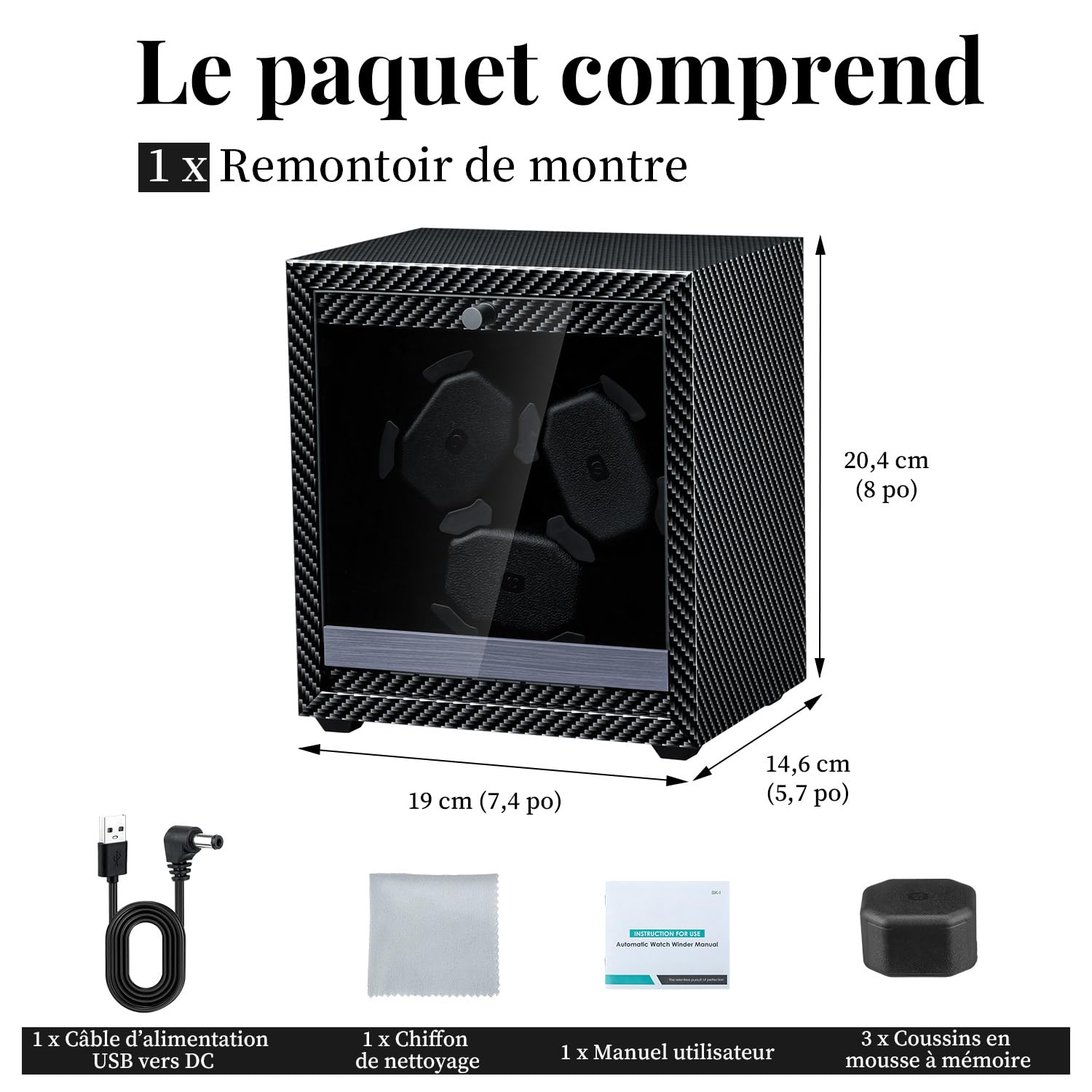 Mcbazel Boîte Remontoir Automatique Ultra Silencieux, 4 Modes de Rotation avec Lumière LED Bleue, Montre Programmable pour 3 Montres, Boîte de Rangement Alimentée par USB avec Oreillers en Mousse
