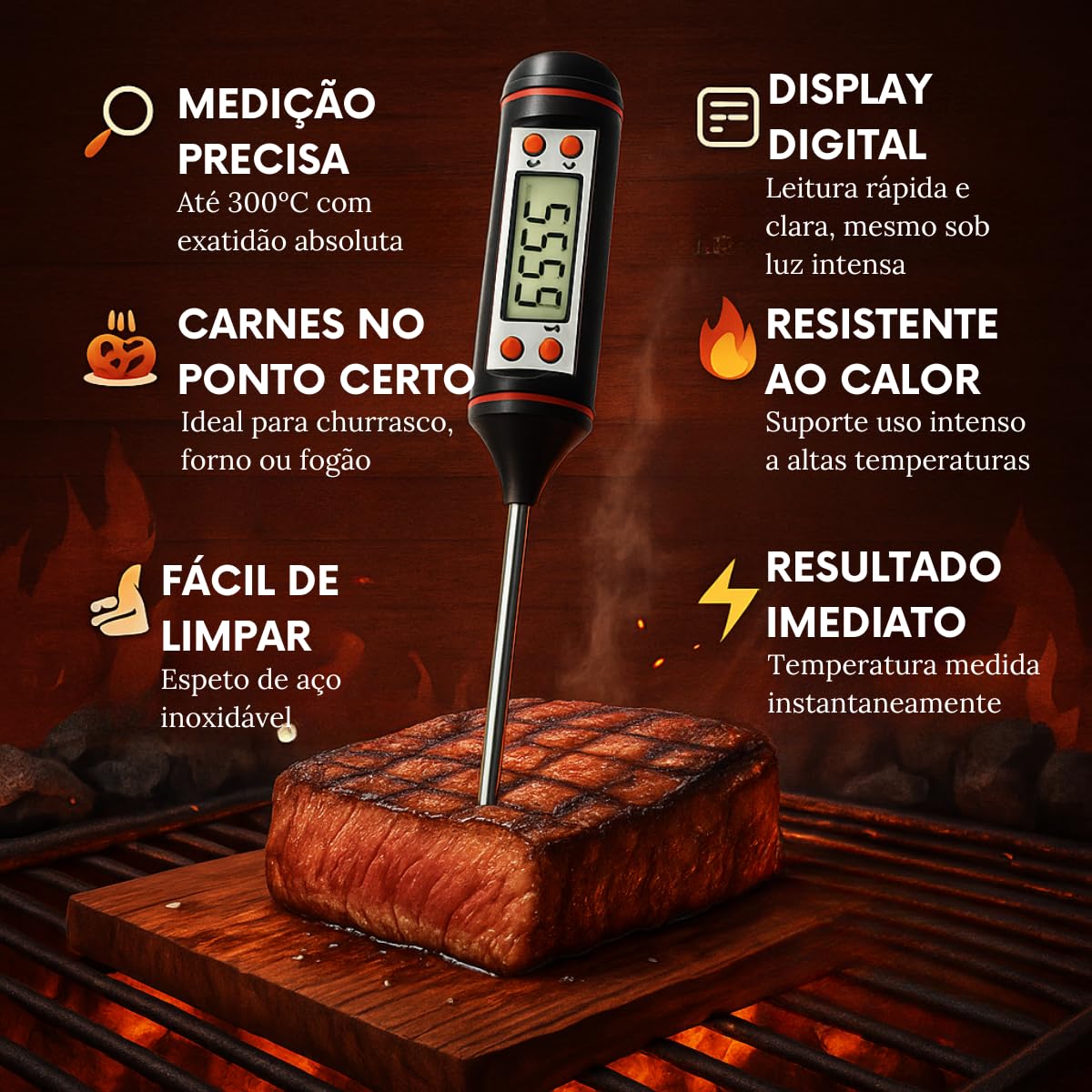 Termomêtro Culinário Digital Espeto até 300ºC Carnes Churrasco Chocolate Sobremesa Líquidos Alta Resistência Térmica PREMIUM