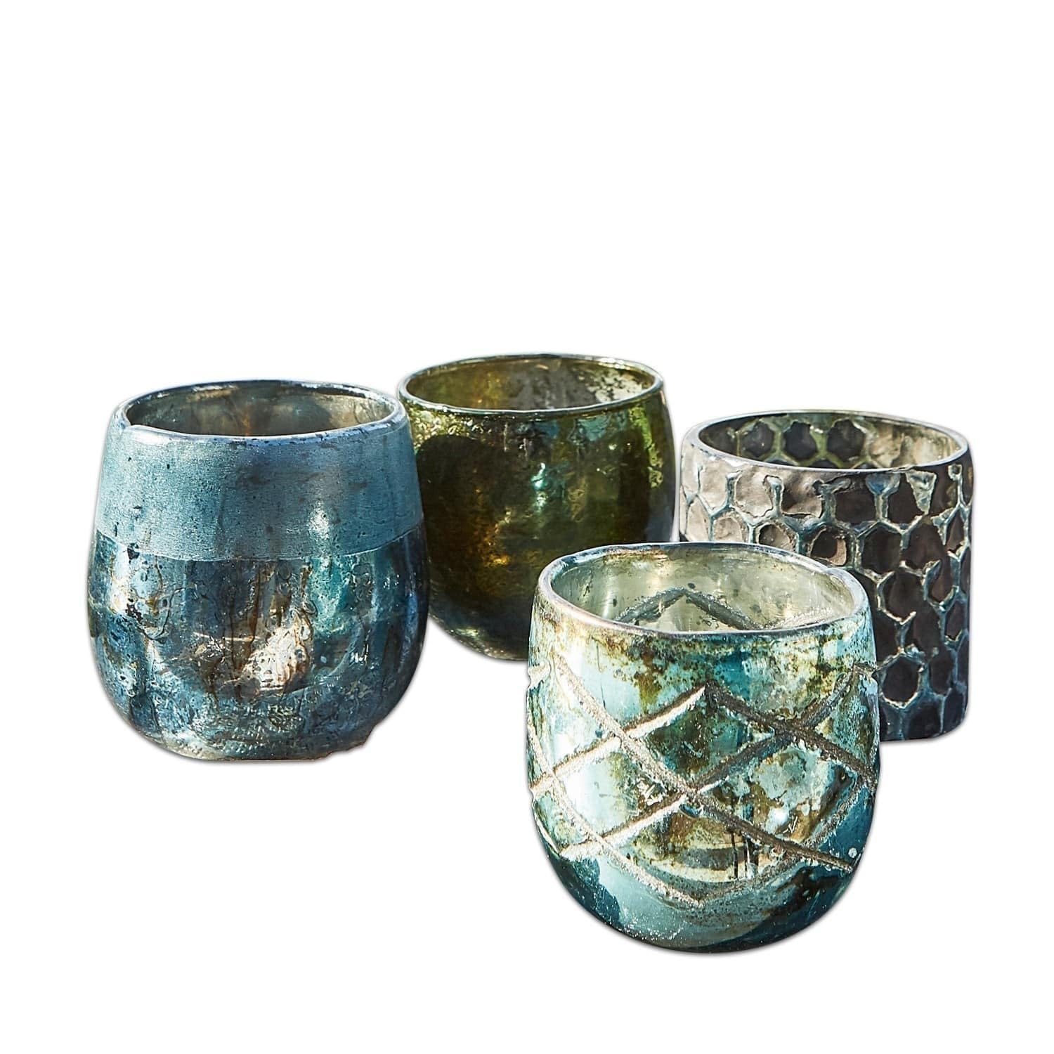 Loberon Windlicht Set Marine - Mundgeblasenes Glas - Deko Herbst & Winter - 4 Windlichter In Unterschiedlichen Größen, blau/grün