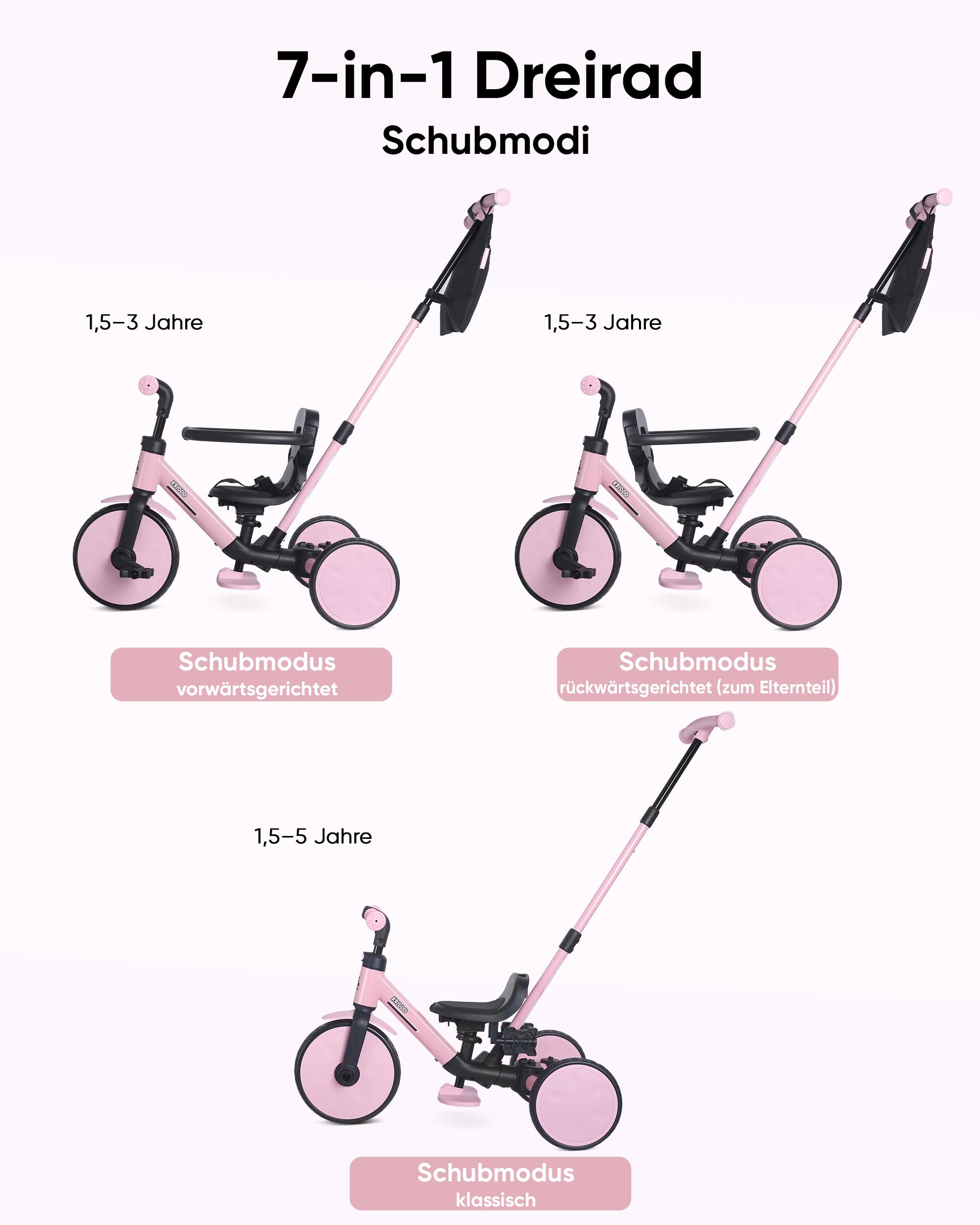 KRIDDO 7-in-1 Kinderdreirad für 1,5–5 Jahre, umwandelbares Baby-Dreirad mit Schubstange, Lenkdreirad & Laufrad, 3-Punkt-Gurt und Aufbewahrungstasche, für Jungen und Mädchen, Rosa