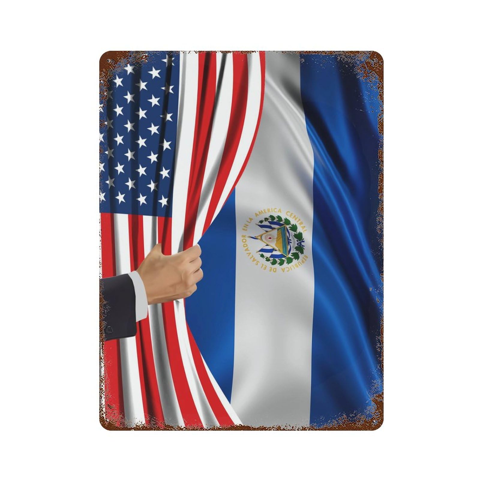 KWQDOZF America Flag And El Salvadorean Flag Theme Metal Tin Sign,Vintage Iron Hanging Plate Vertical with Rust Poster Wall Decor 12x16inch