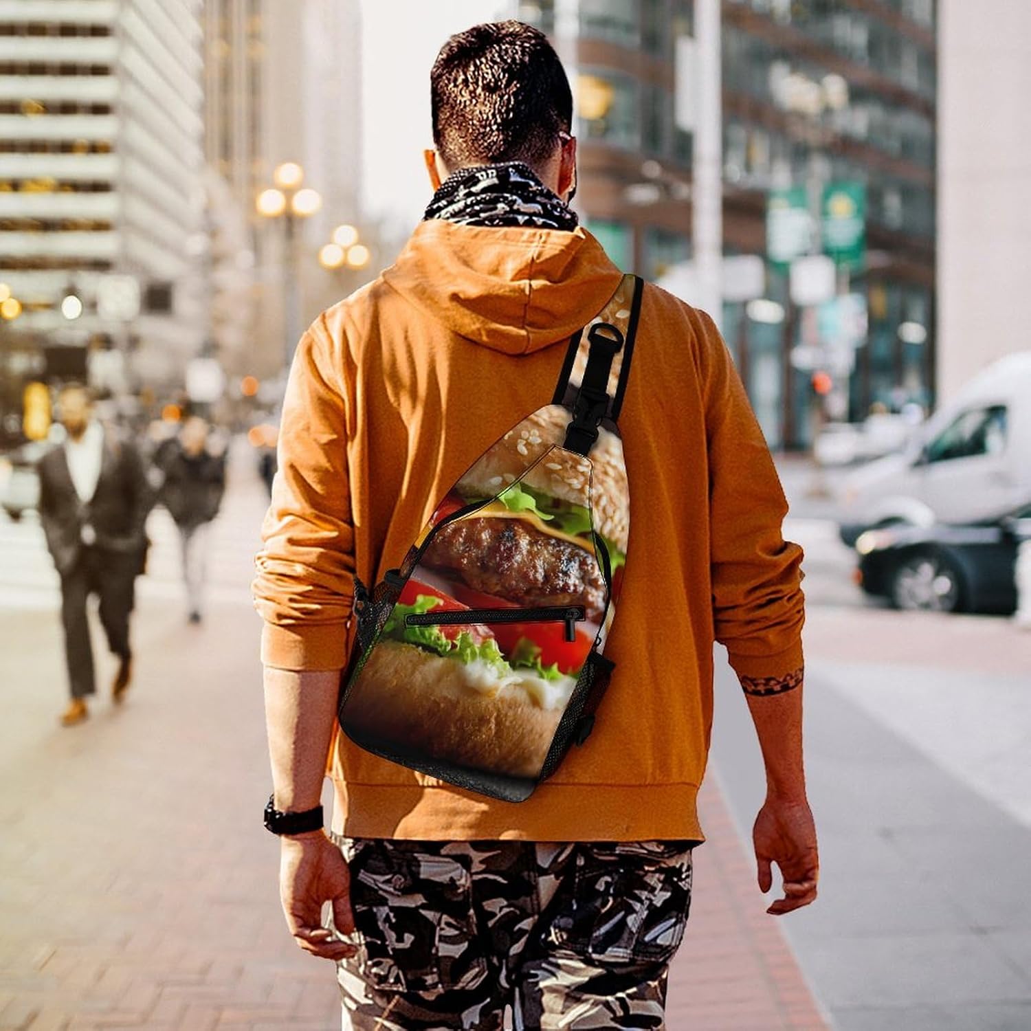 Cheeseburger Fast Food Pattern Men Crossbody Sling Backpack Chest Bag | Travel Fanny Pack,Hiking Daypack,Print Shoulder Bags