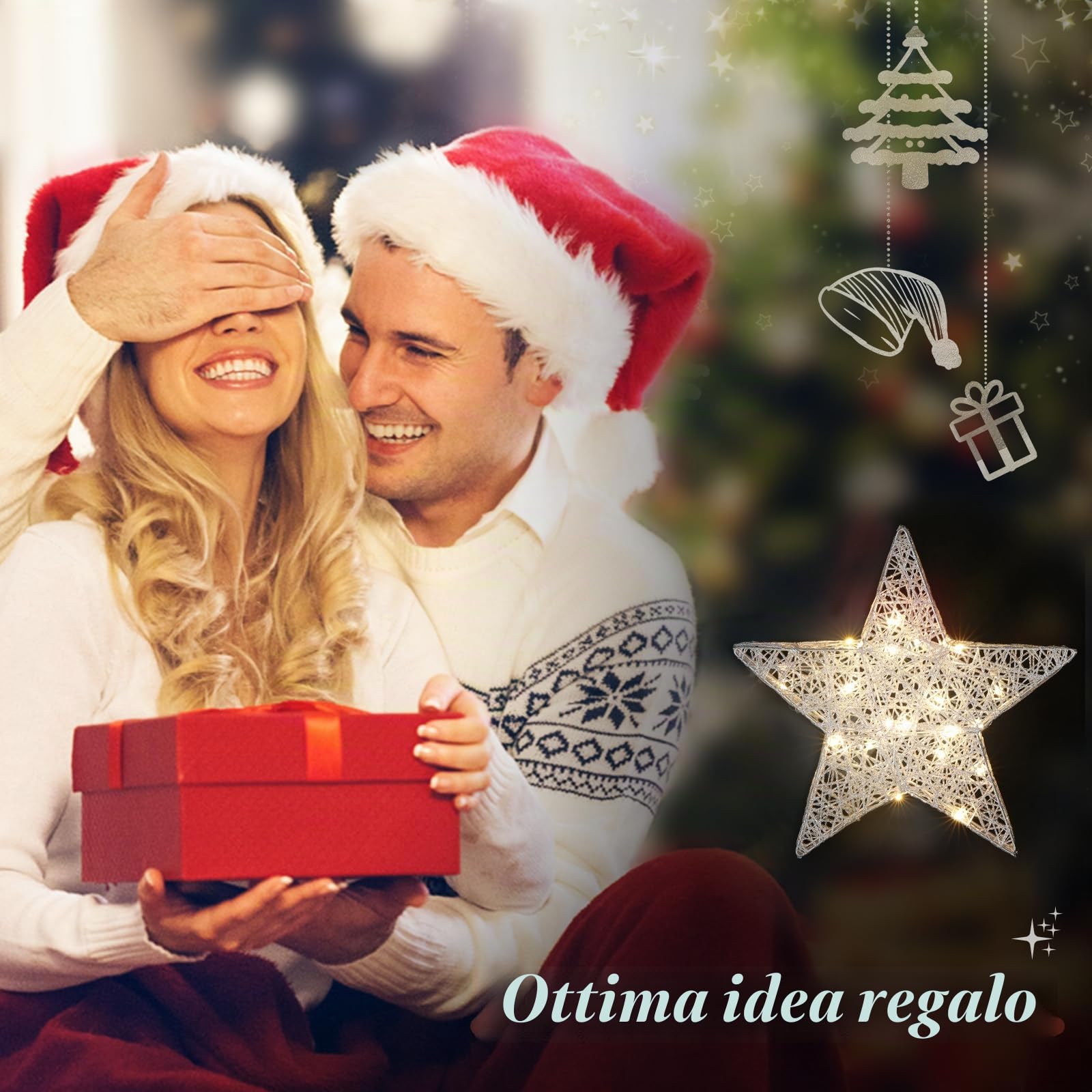 Lewondr Lampada Decorativa a Forma di Stella, Lampada da Scrivania a LED con Luce Calda Decorazione Natalizia per Interni Lampada da Tavolo per Camera da Letto e Soggiorno, Argento