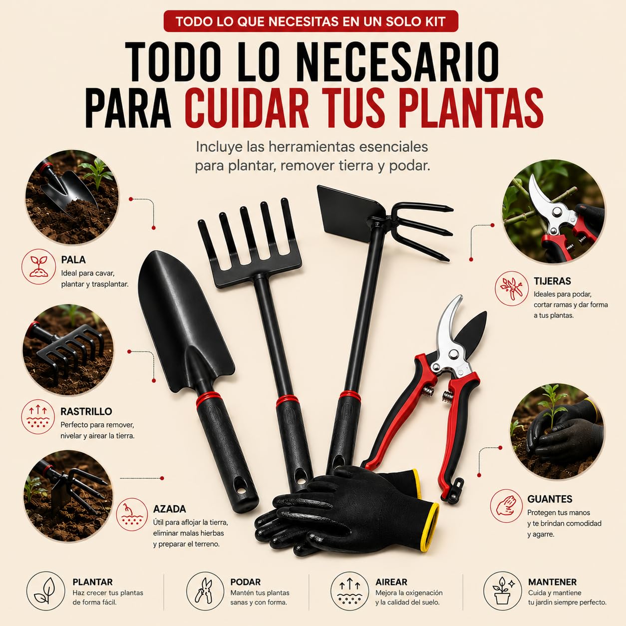 Kit 5 Herramientas de Jardinería de Metal Que Incluye Tijeras de Podar, Pala Trasplantadora, Rastrillo, Azada Doble y Guantes | Kit jardineria para Jardín, Huerto Urbano y Terraza (Rojo/Negro)