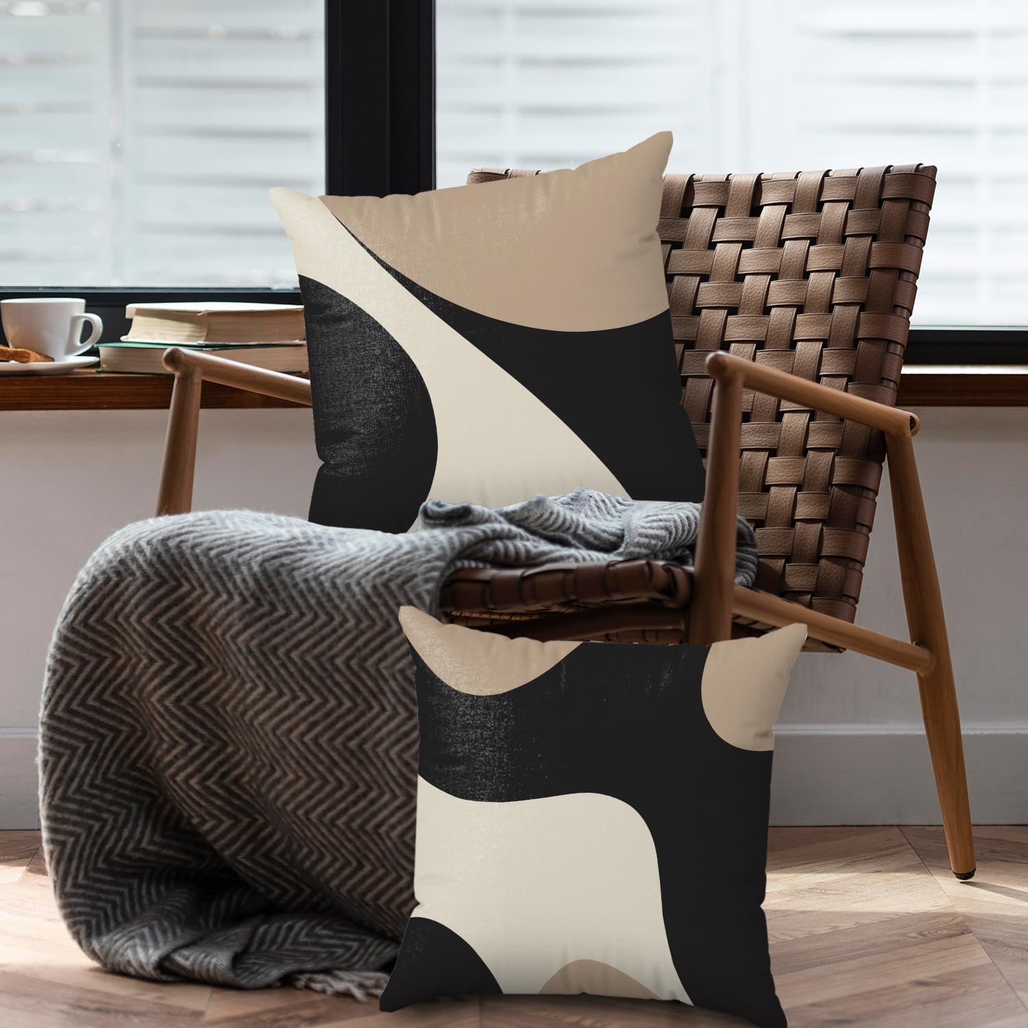 Black and Cream Beige Accent Abstract Pillow Covers 18x18 Set of 2, Black and White Decorative Pillow Covers for Home Couch Bedroom