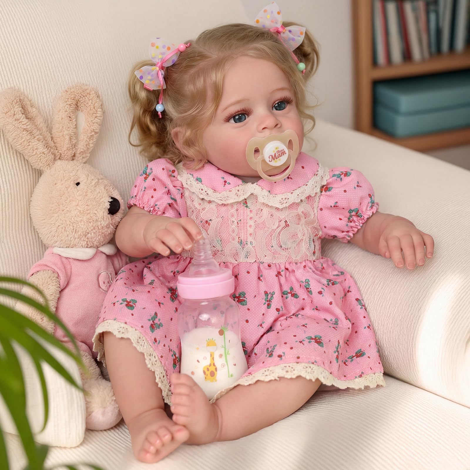 BABESIDE Realistische Babypuppen echte Reborn-Babypuppen 45cm Lebensechte Mädchen Weicher Stoffkörper mit Langen Blonden Haaren, mit Kleidungszubehör für Kinder ab 3 Jahren,Rosa