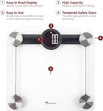 Detecto D185 Glass LCD Digital Body Bathroom Scale, Silver