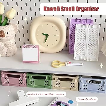Tobeso-Nuoze Mini Pastel Plastic Storage Baskets 2 Pack Collapsible Crates | for Organizing, Space-Saving Bins for Kitchen, Office, Bedroom