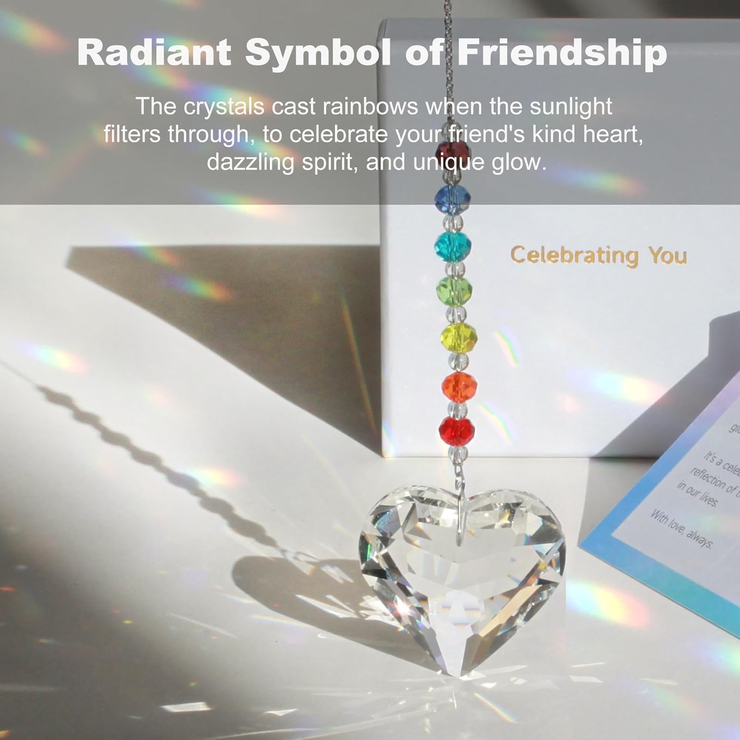 Celebrating You! Friendship Gifts, BFF, Bestie Gifts. Best Friend Birthday Gifts. Unique 45 mm Crystal Heart Rainbow Maker Hanging Ornament - Image 5