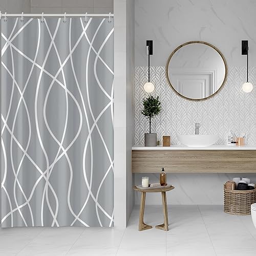 Miniatura 143 de Cortina de ducha pequeña a rayas gris claro degradado para baño, 36 x 72 pulgadas, juego de cortina de ducha geométrica para cabina de RV con Gris